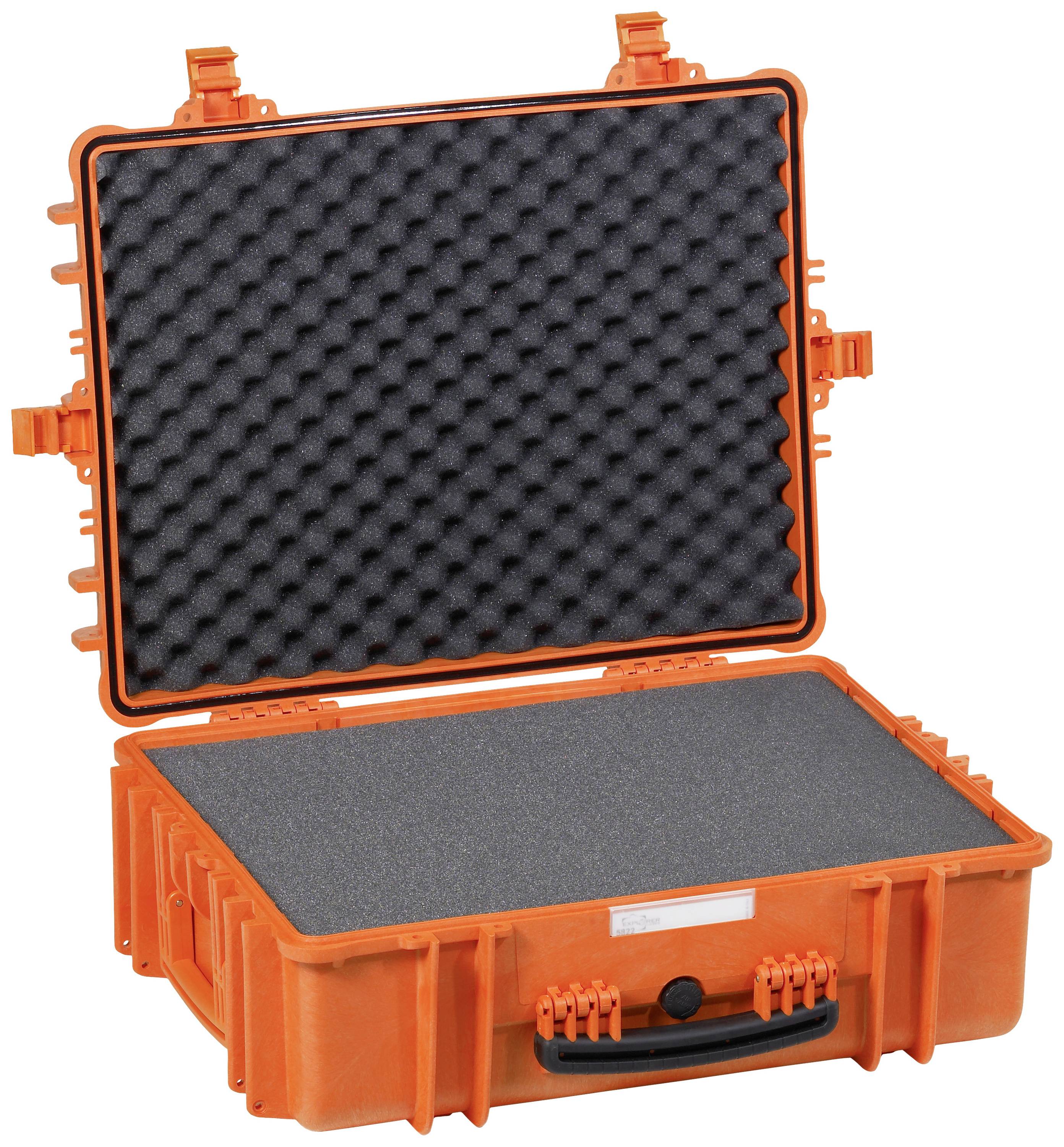 An open, orange foam case reveals black foam inside to protect items during transportation.