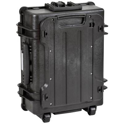 A large, robust black wheeled suitcase with a side handle and wheels underneath, suitable for transporting delicate equipment.