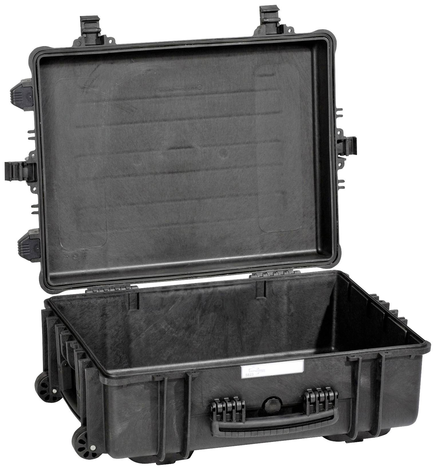 A robust black plastic case with sturdy locks and carrying handle. Ideal for securely transporting delicate items.