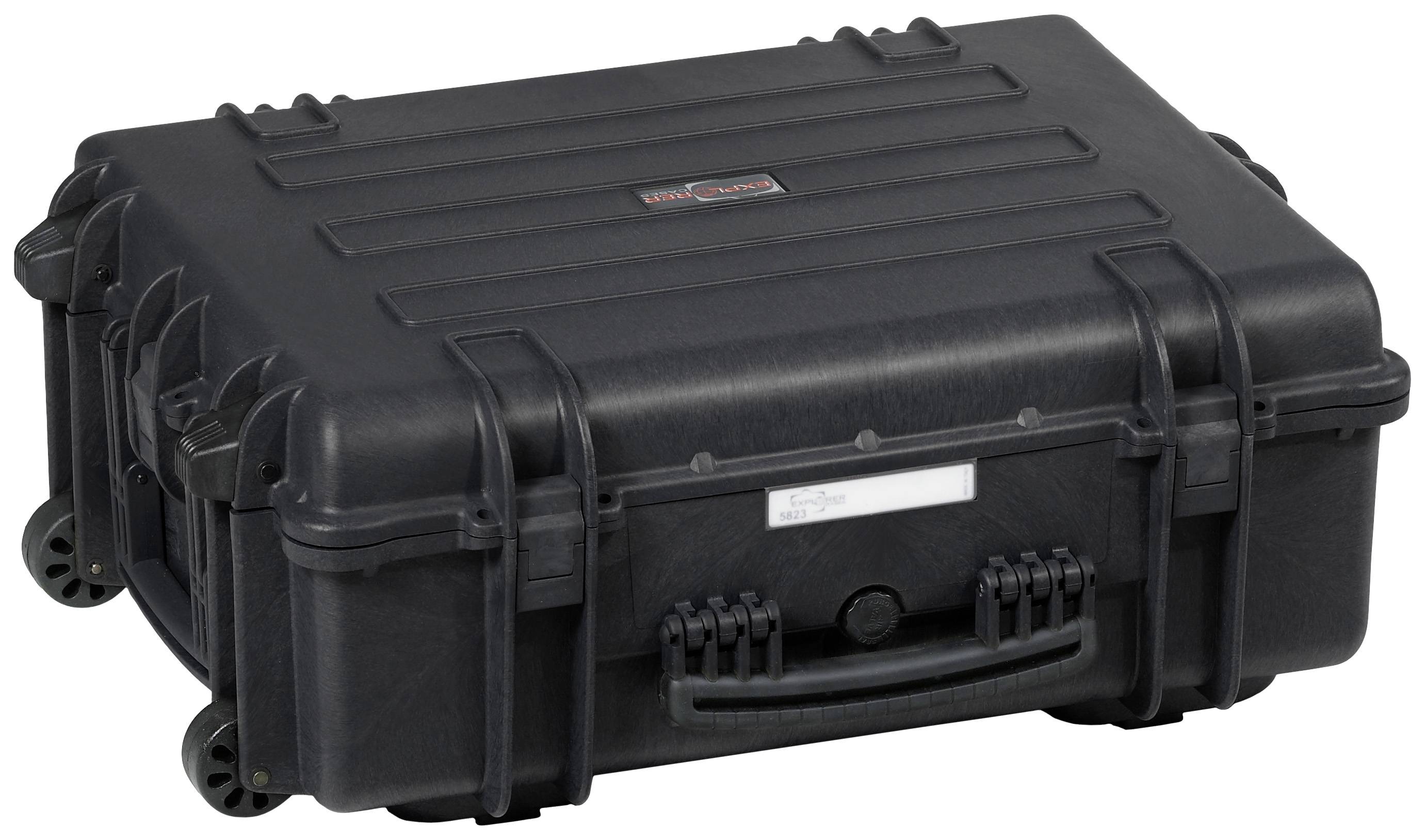 Black portable hard-shell suitcase with robust design, two wheels and a front handle for easy handling.