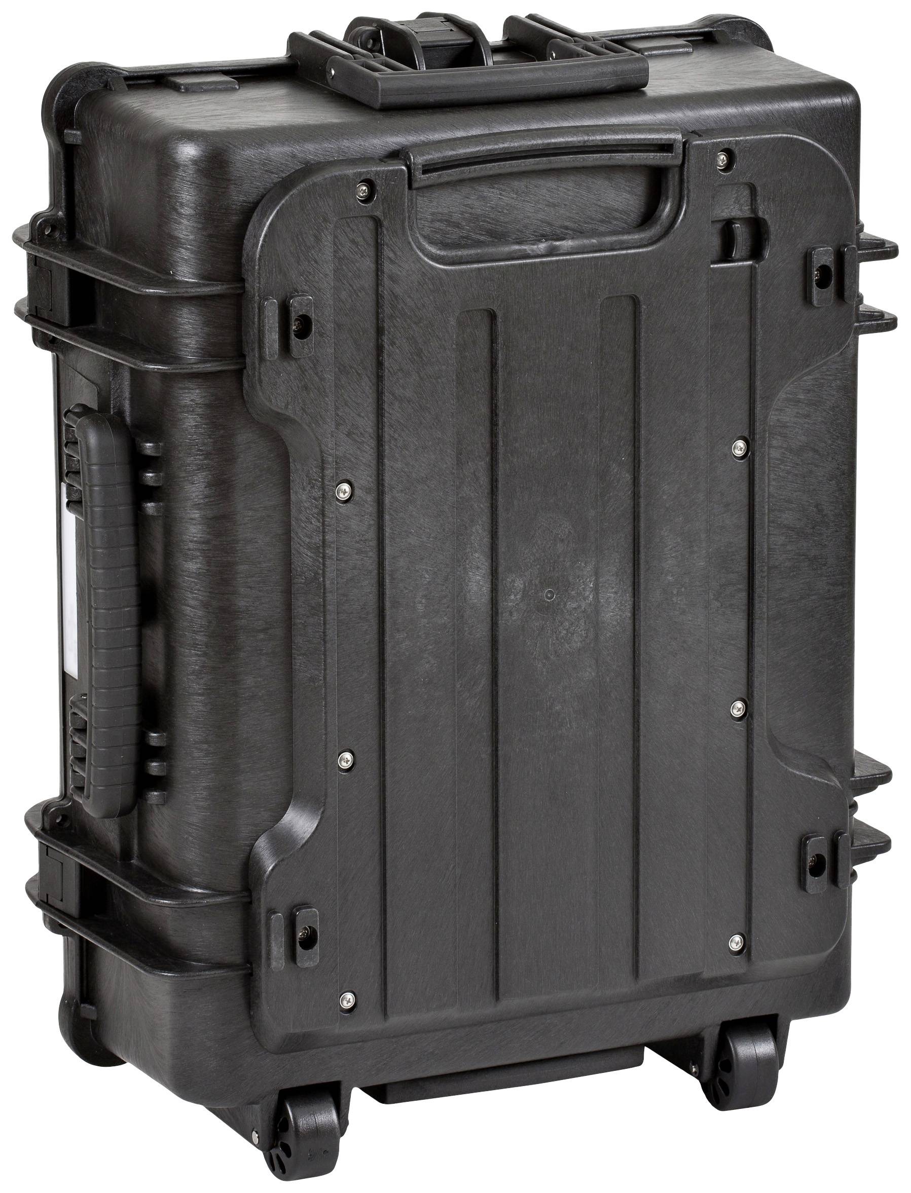 Black, robust hard-shell suitcase with wheels and handles, designed for secure transportation of delicate items.