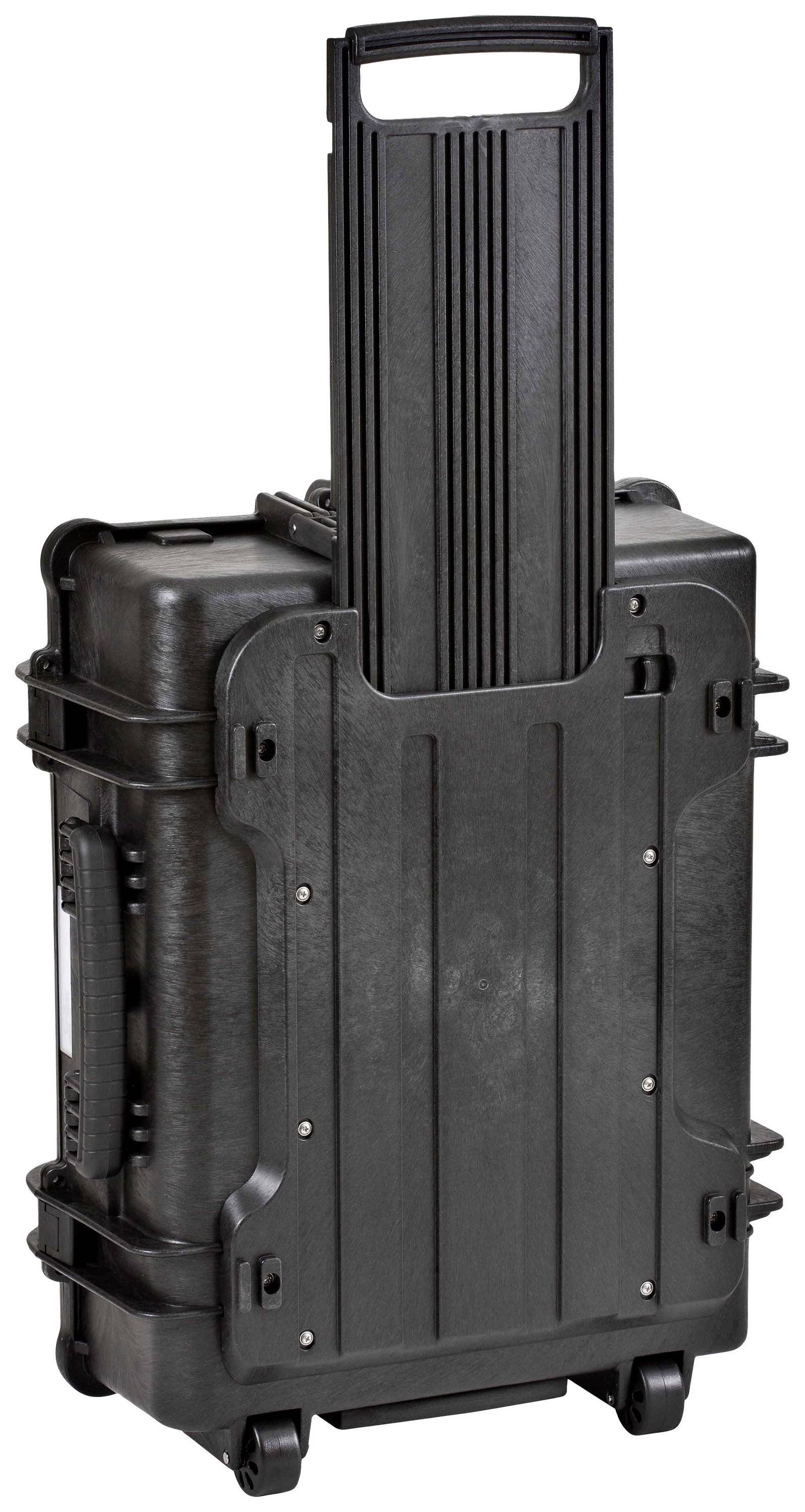 A black, robust rolling suitcase with a long, telescopic handle and sturdy wheels, suitable for transporting heavy equipment.