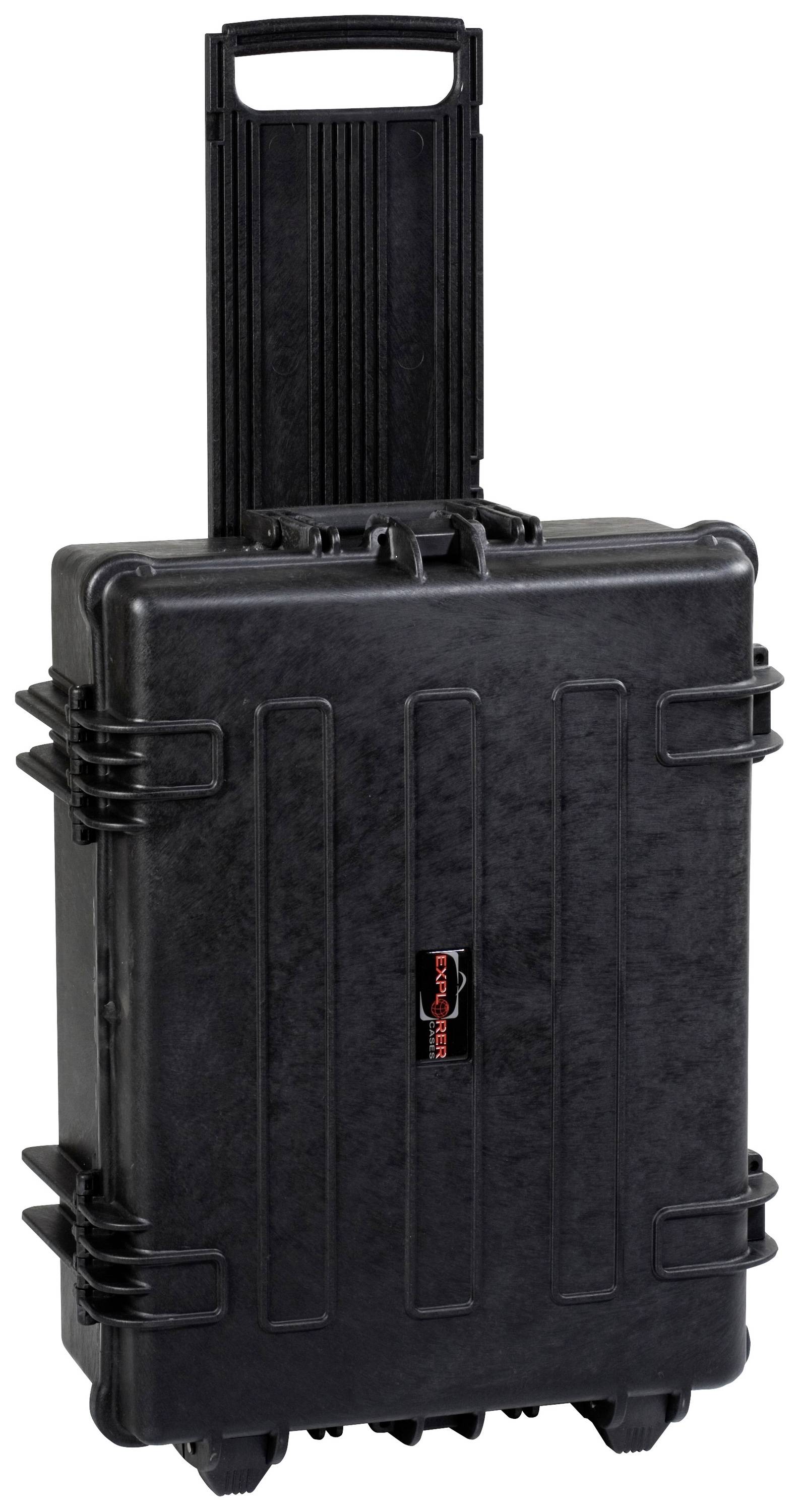 A black, robust hard-shell suitcase with telescopic handle and wheels. The suitcase is closed and is suitable for secure transportation.
