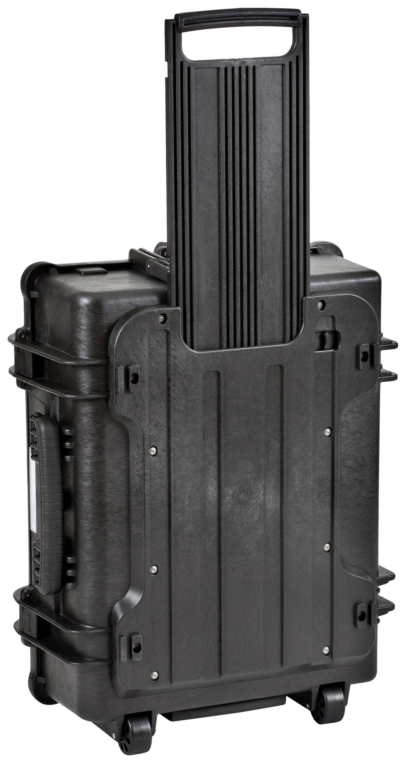 Black, sturdy transport case with wheels and telescopic handle, ideal for safely transporting delicate equipment.