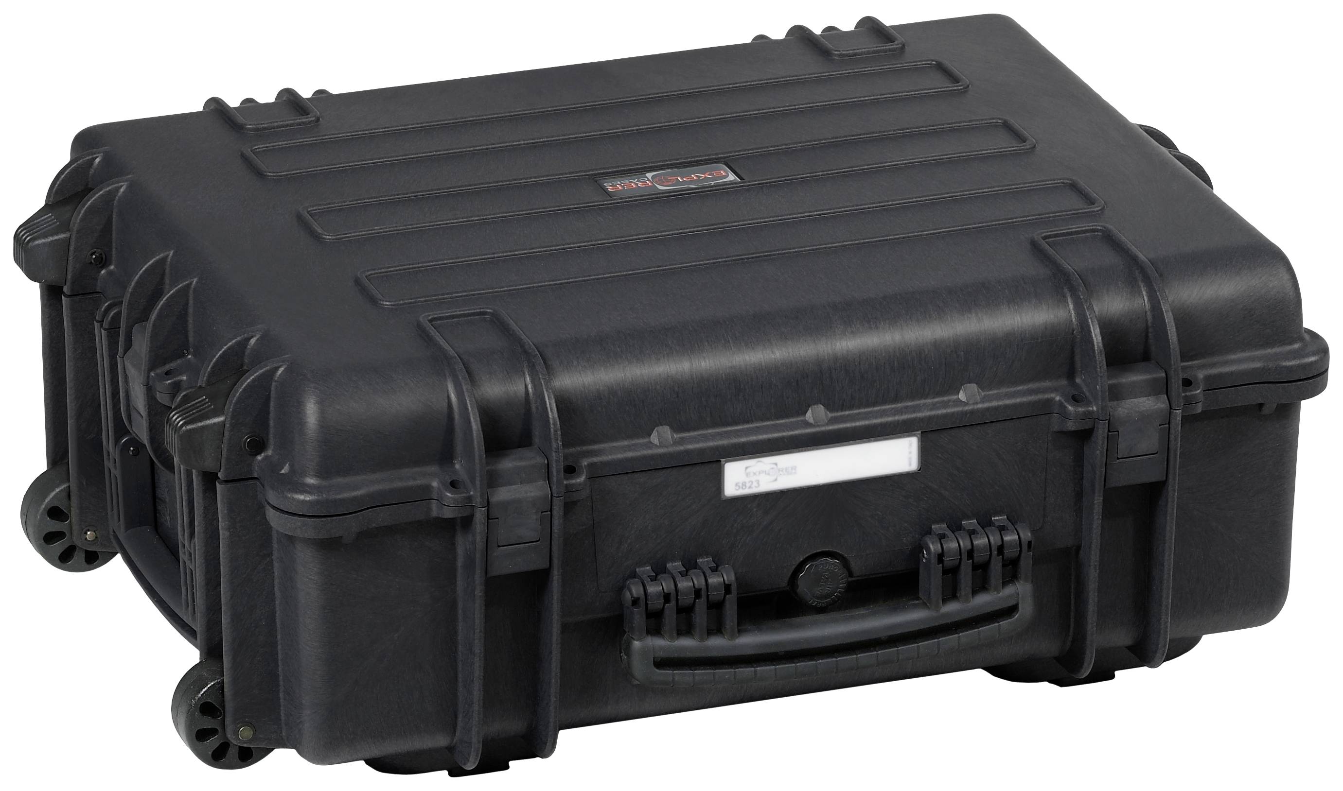 Black, robust suitcase with wheels and handle, suitable for transporting delicate items.