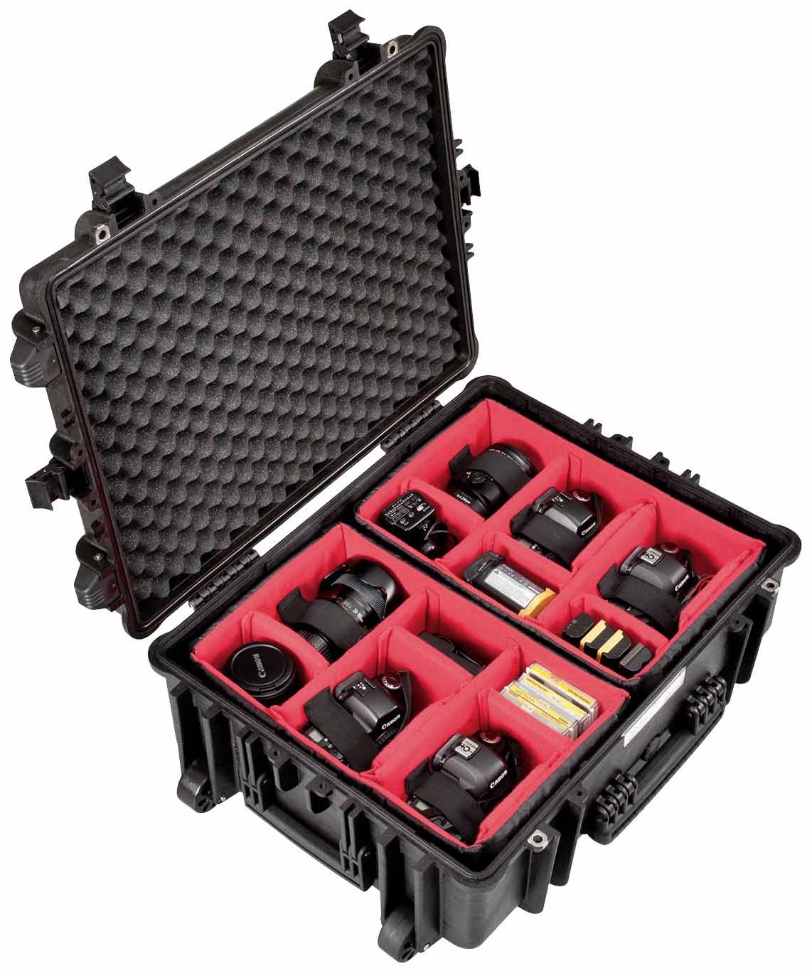 An opened black hard-shell case with a red interior lining contains several lenses, camera equipment, and memory cards.