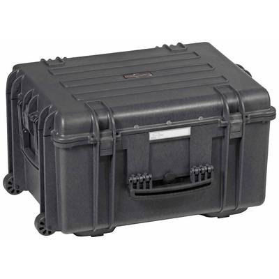 A robust, black transport case with wheels and handles, suitable for the secure transportation of delicate items.