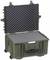 More robust, open transport case with foam inserts to protect delicate equipment, dark green, with wheels and handle.