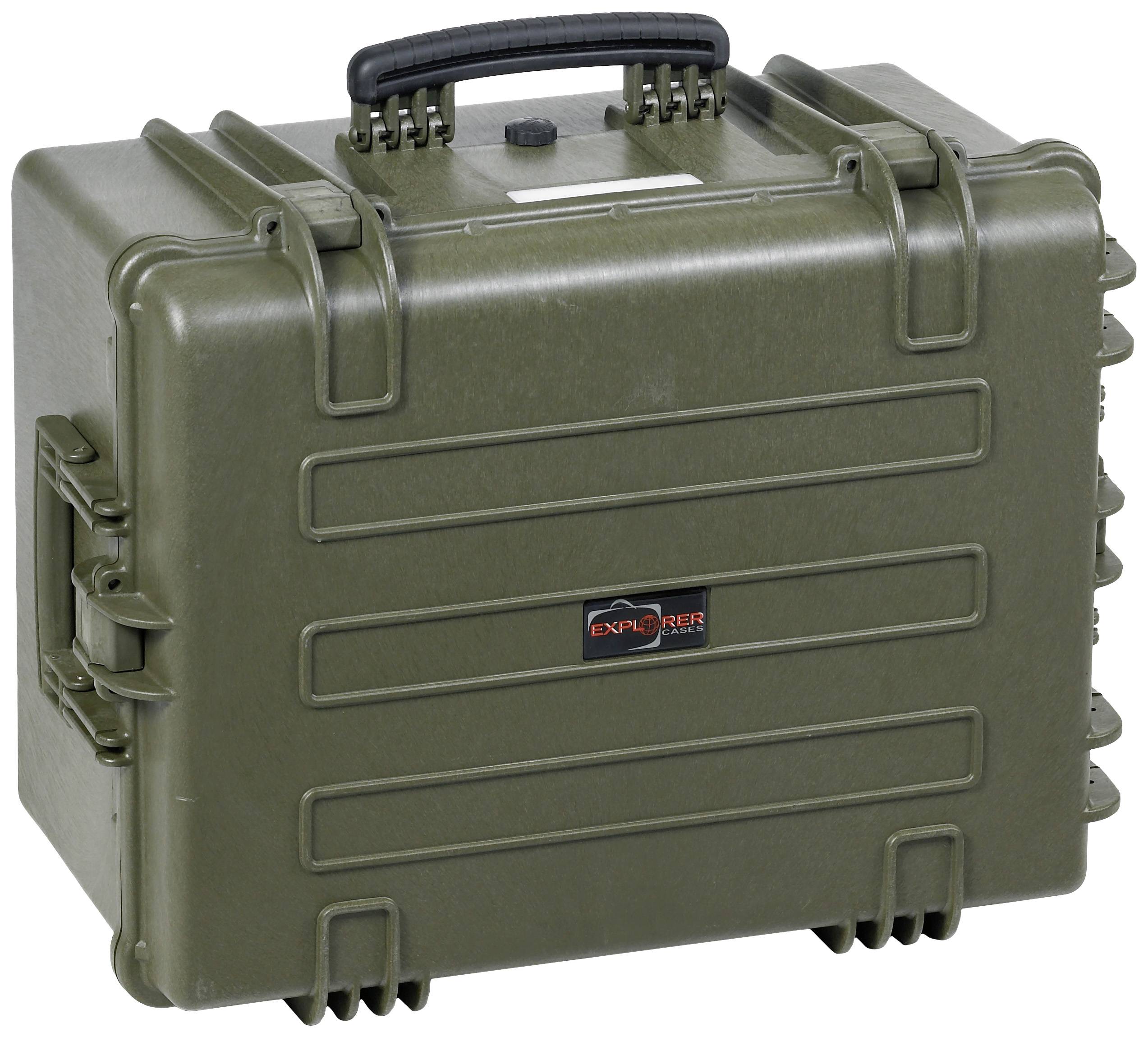 A robust, olive green protective case with a black handle and clasps, suitable for the secure transportation of delicate items.