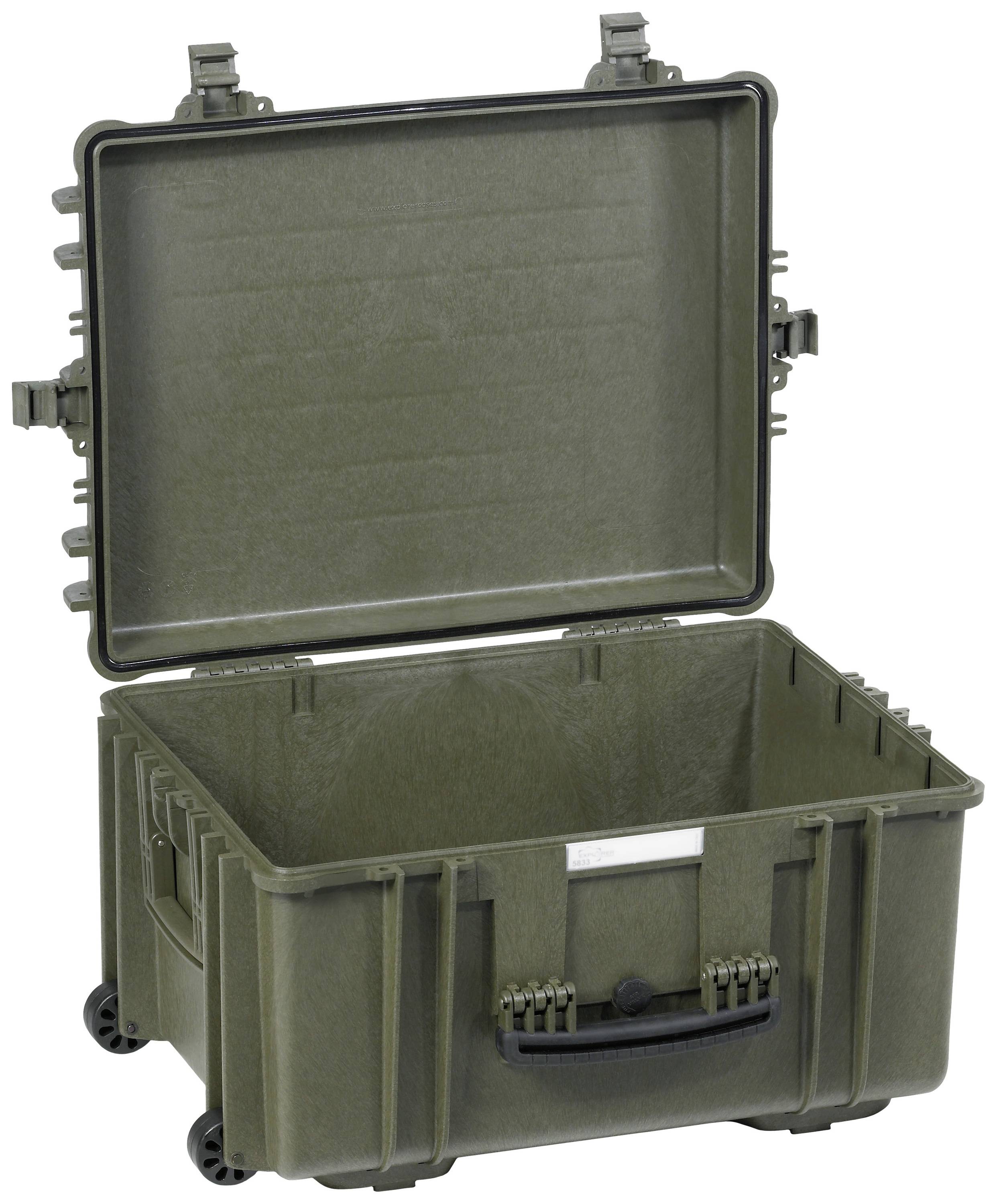 An open, empty, olive green hard-shell suitcase with two handles and wheels.