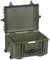 An open, empty, olive green hard-shell suitcase with two handles and wheels.