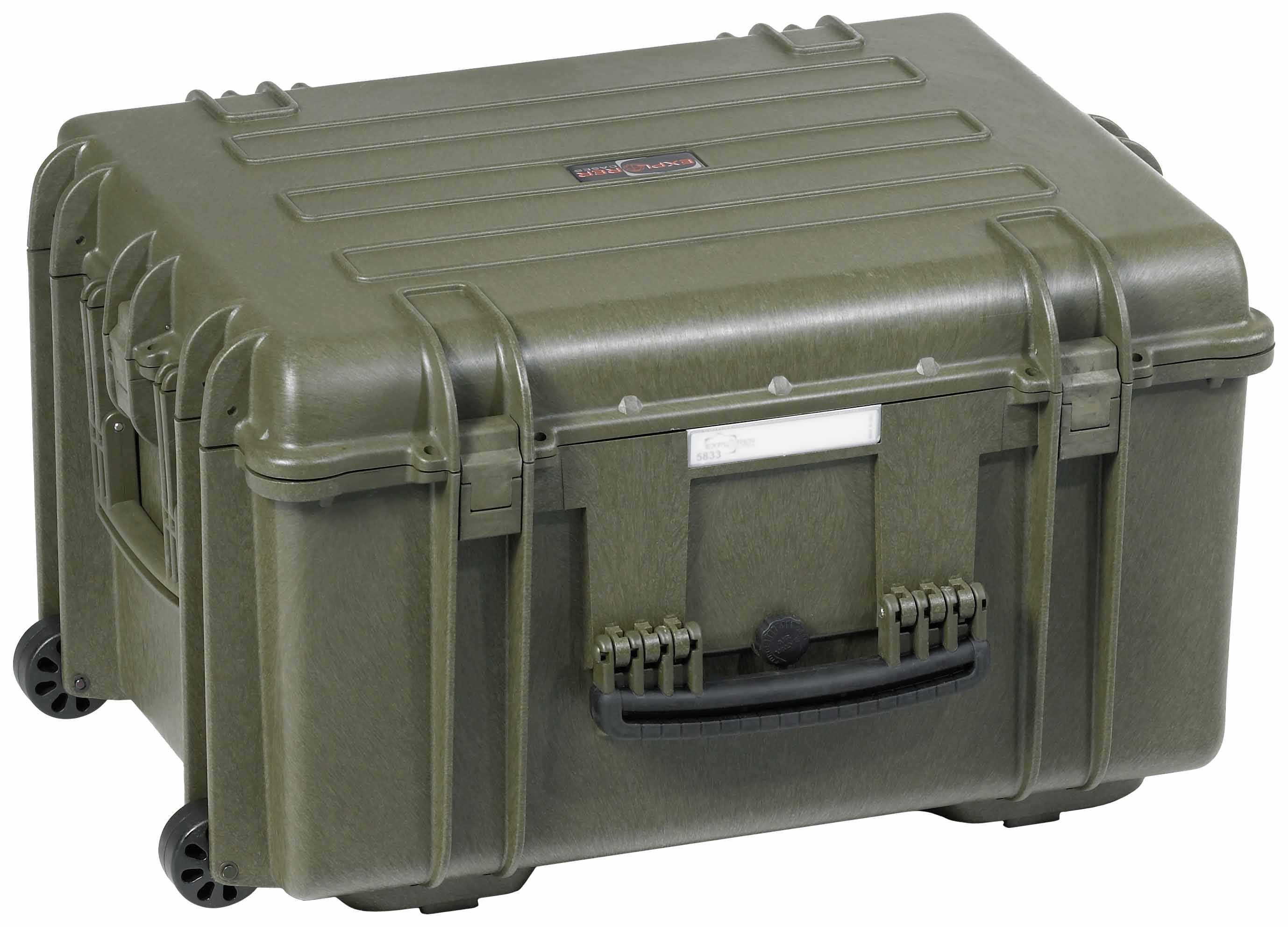 Robust, olive-green transport case on wheels with a black handle and clasps, suitable for the secure transportation of delicate equipment.
