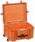 Orange, robust plastic transport case with an open lid, two wheels and a black handle. Ideal for secure transportation.