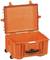 Orange plastic transport case with an open lid, wheels, and handle, suitable for the safe transportation of delicate equipment.