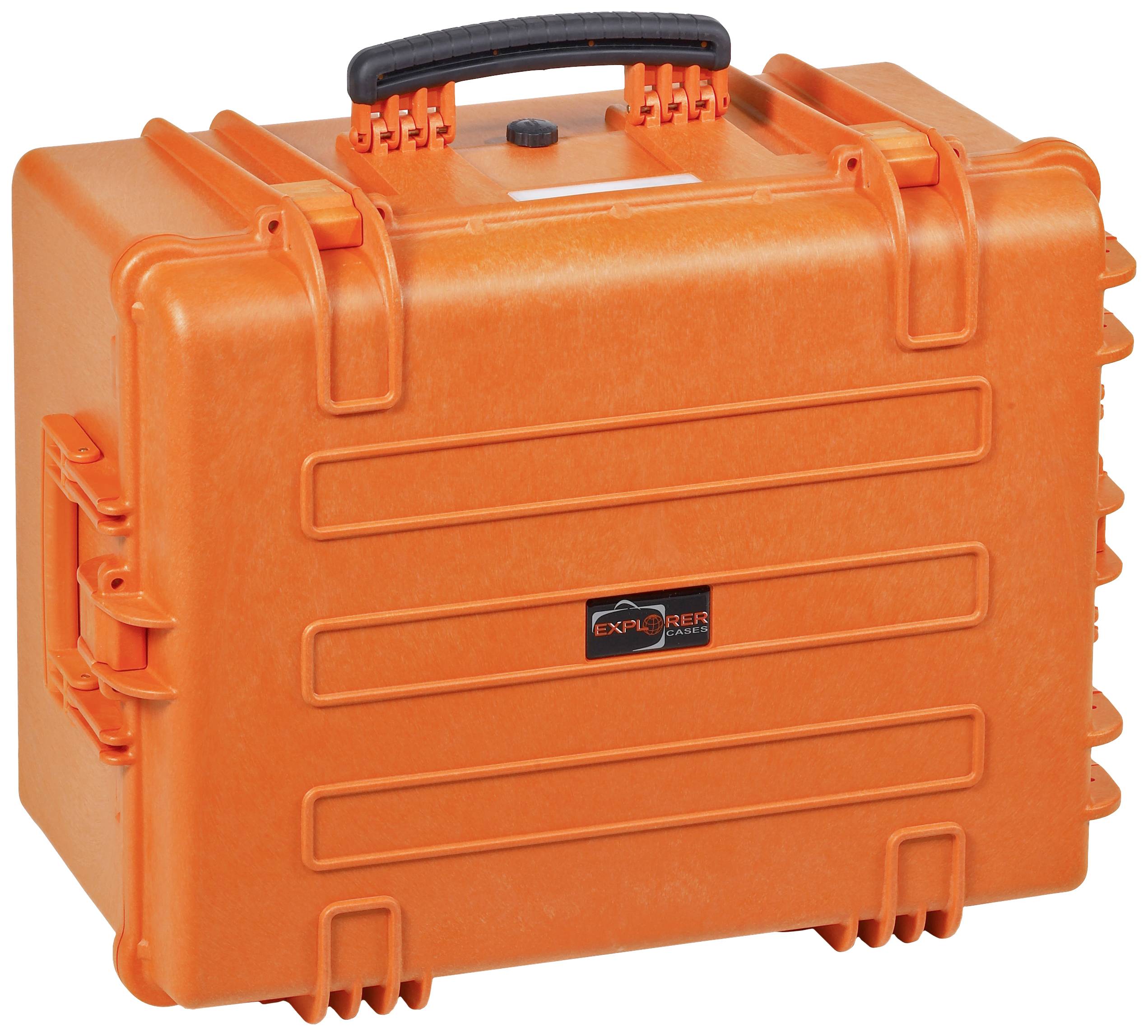 A robust, orange transport case with handle and locks, suitable for the secure transportation of delicate items.