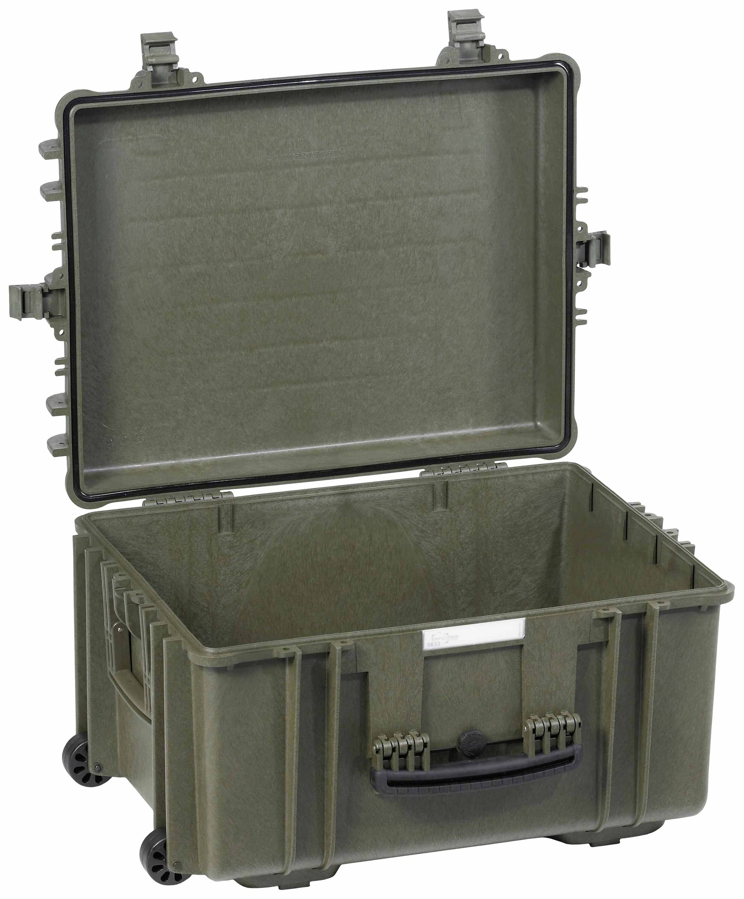Open olive-green suitcase with wheels and handle. Suitable for secure transportation of delicate equipment.