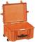 Orange plastic case with open lid and black wheels. Suitable for transporting delicate equipment.