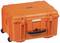 Orange, sturdy transport case with carry handle and two wheels for easy movement.