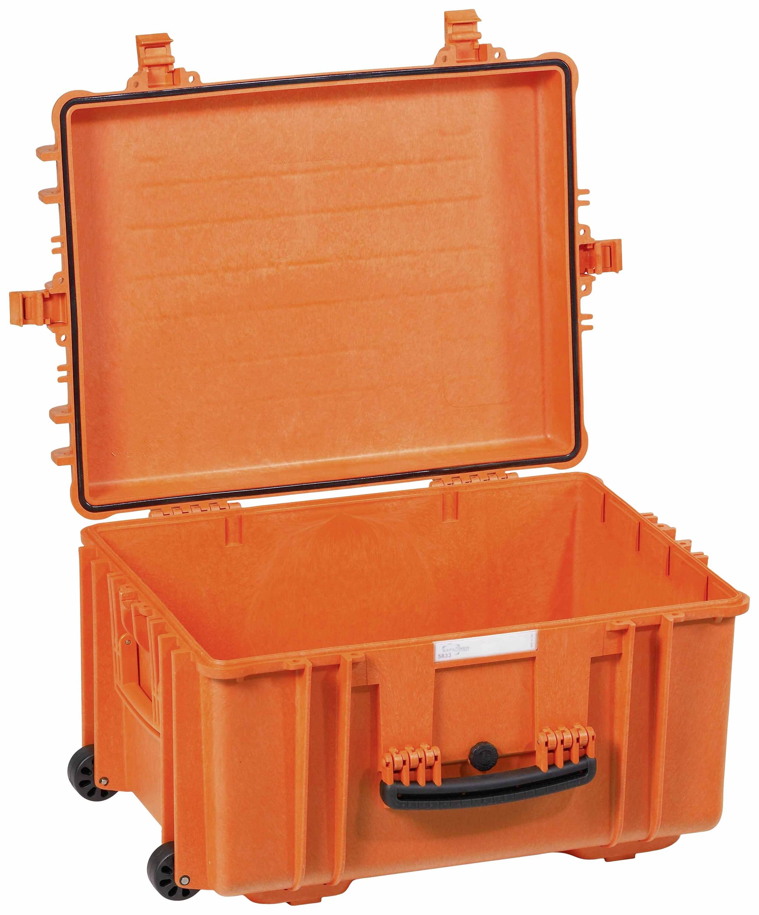 An orange, robust transport case with an open lid, providing protection and storage for delicate equipment.