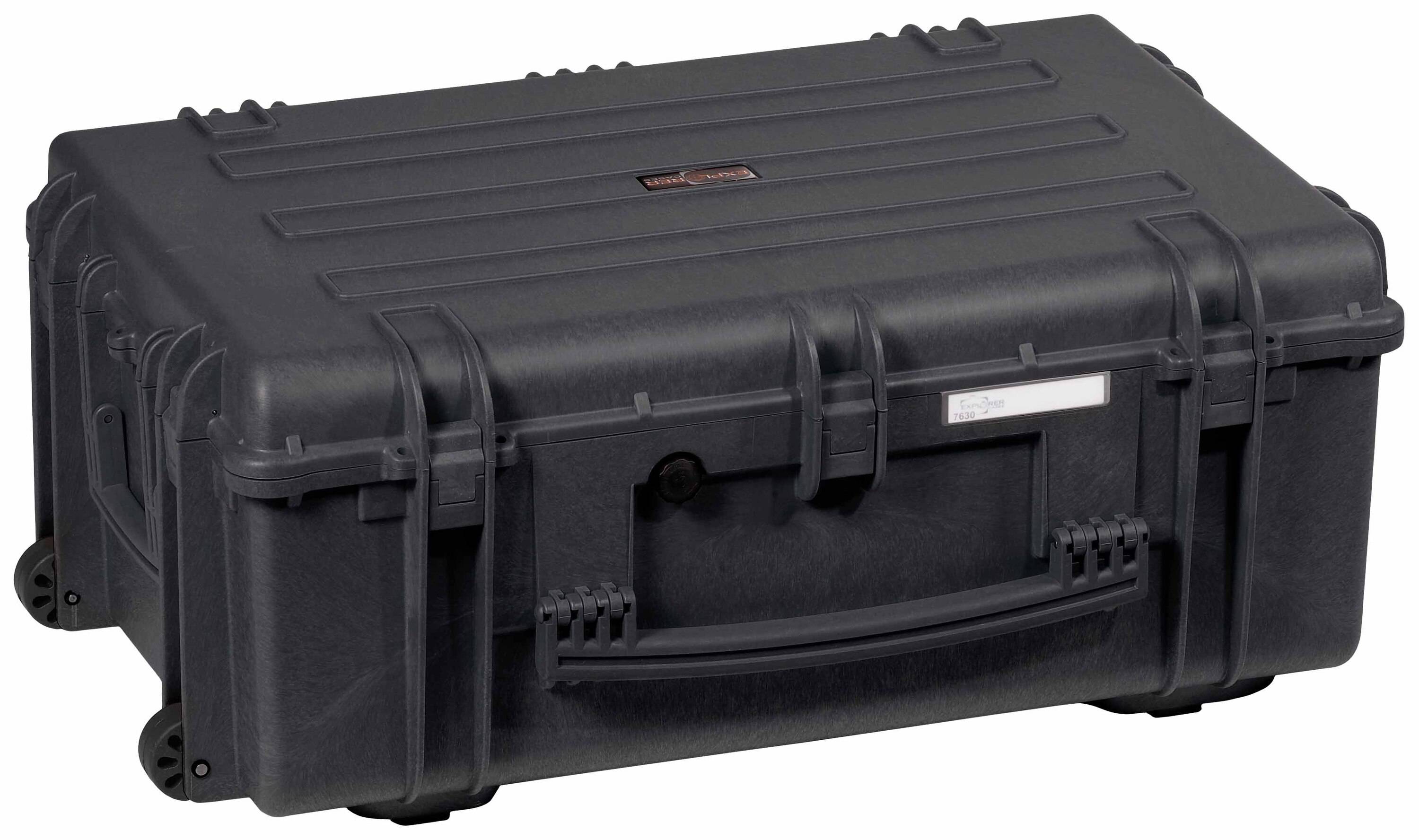 A black, robust protective case with handle, suitable for the safe transportation of delicate equipment or devices.