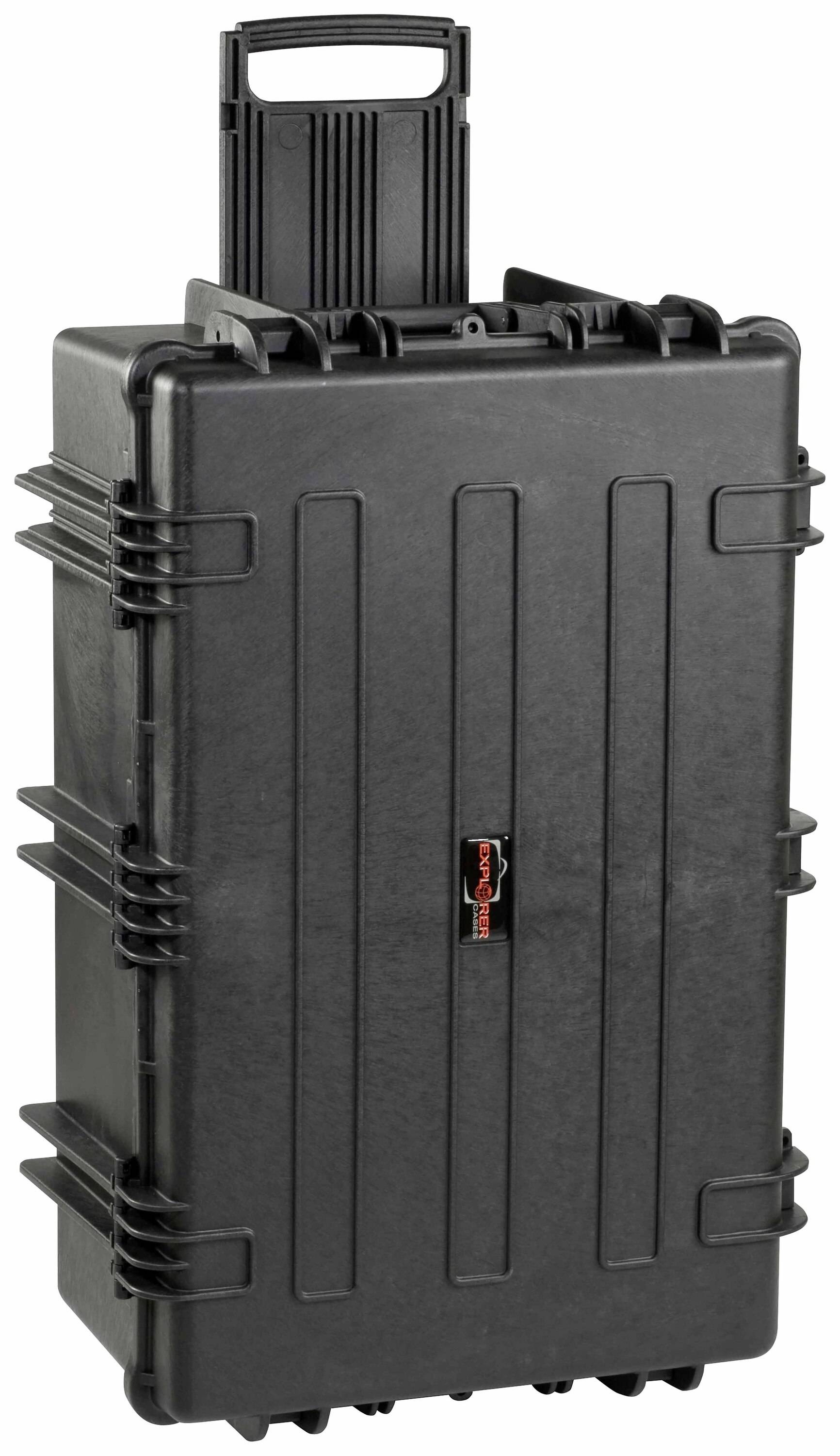 Black hard-shell suitcase with handle and robust locks, suitable for safely transporting delicate items.