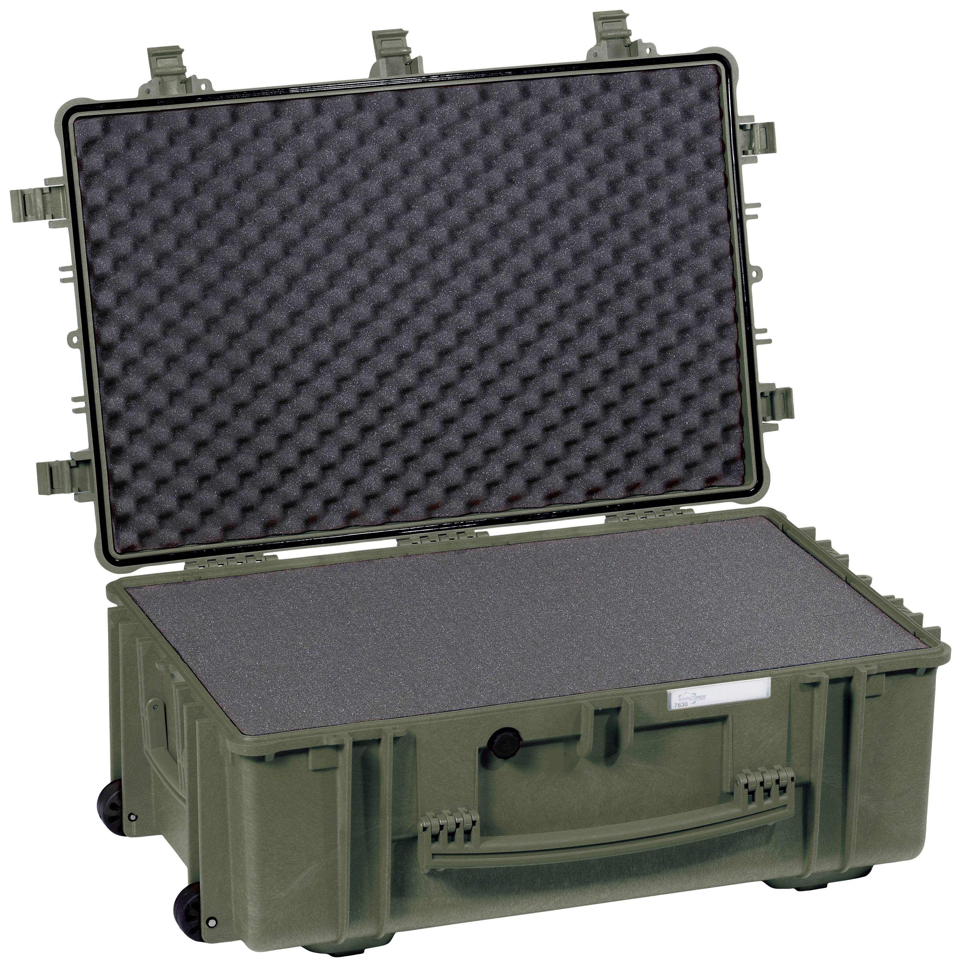 An olive green, open hard-shell case with foam padding for the secure transportation of delicate equipment.