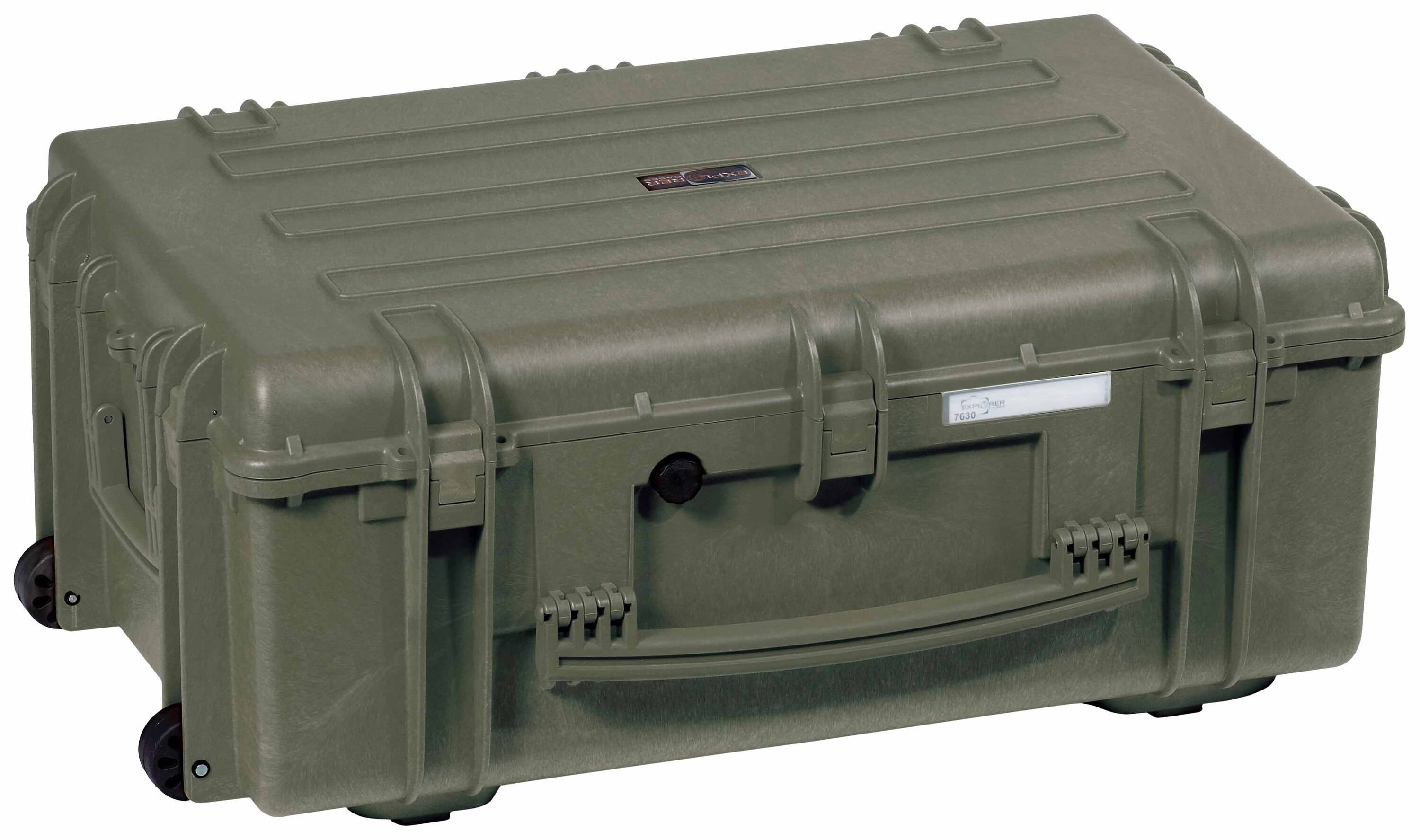 A robust, olive green transport case with wheels and handles, suitable for the secure transportation of delicate equipment.