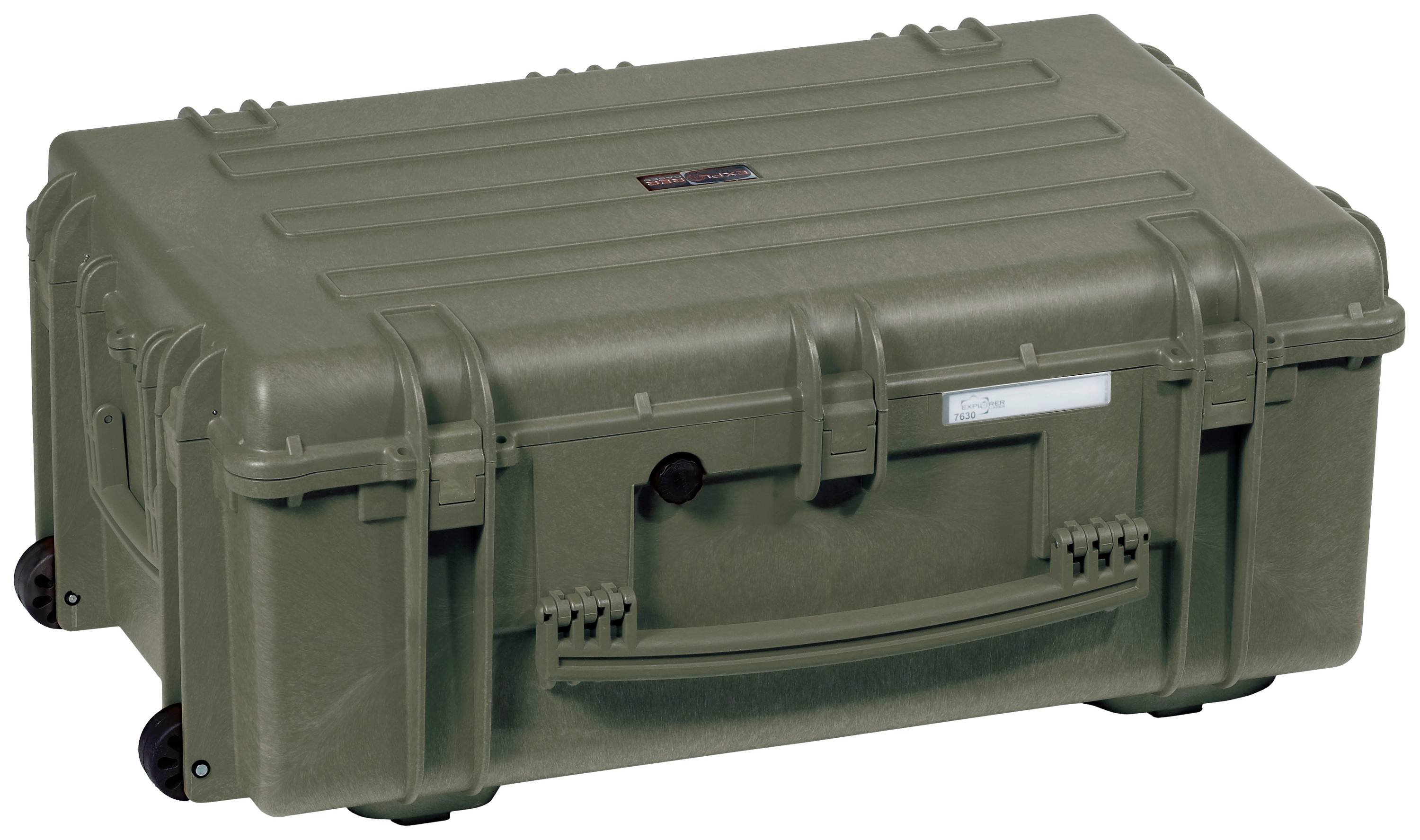 A robust, olive green transport case with carry handle and wheels, suitable for the secure transportation of delicate items.
