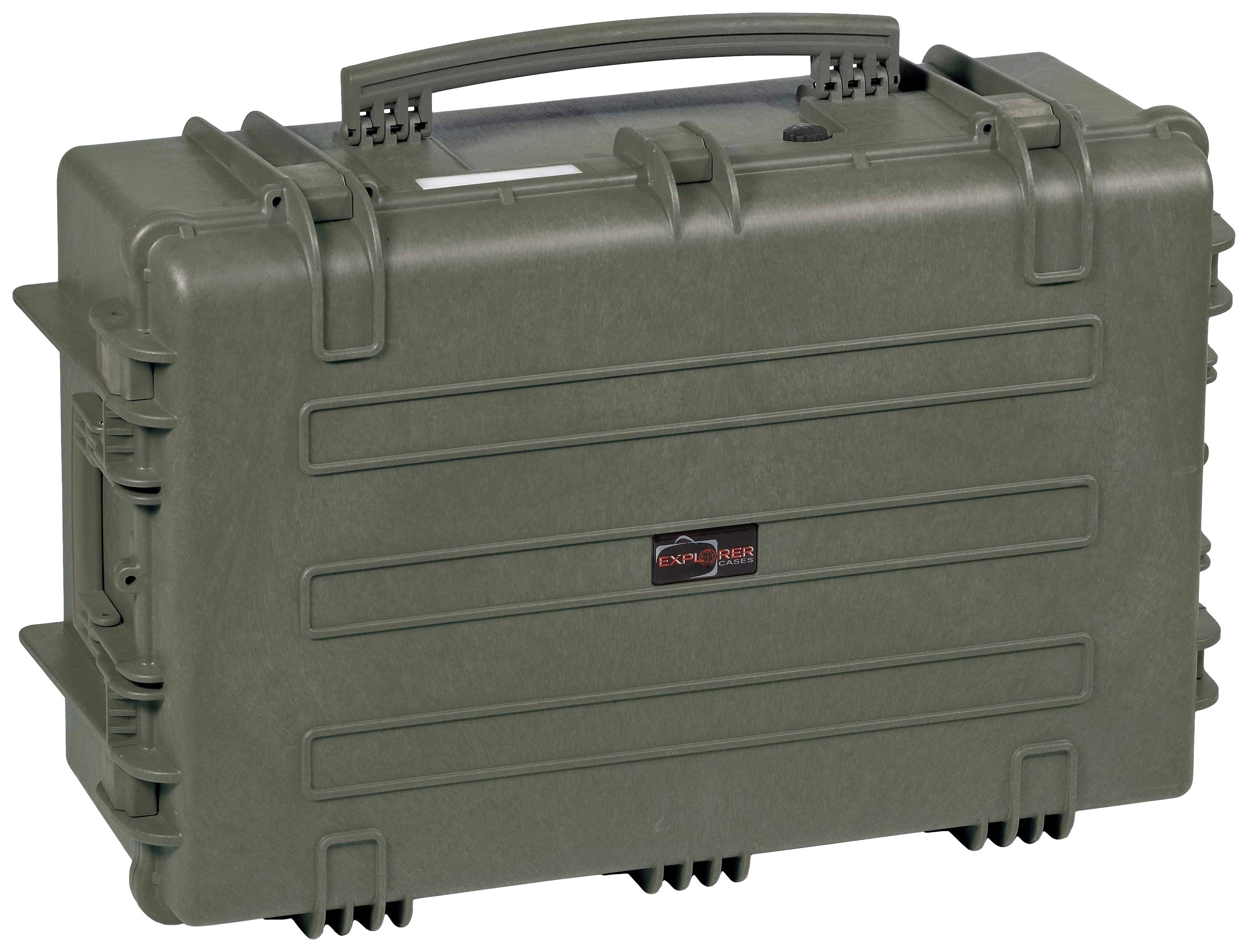 A robust, olive green equipment case with carry handle and reinforced corners, suitable for the secure transportation of delicate items.