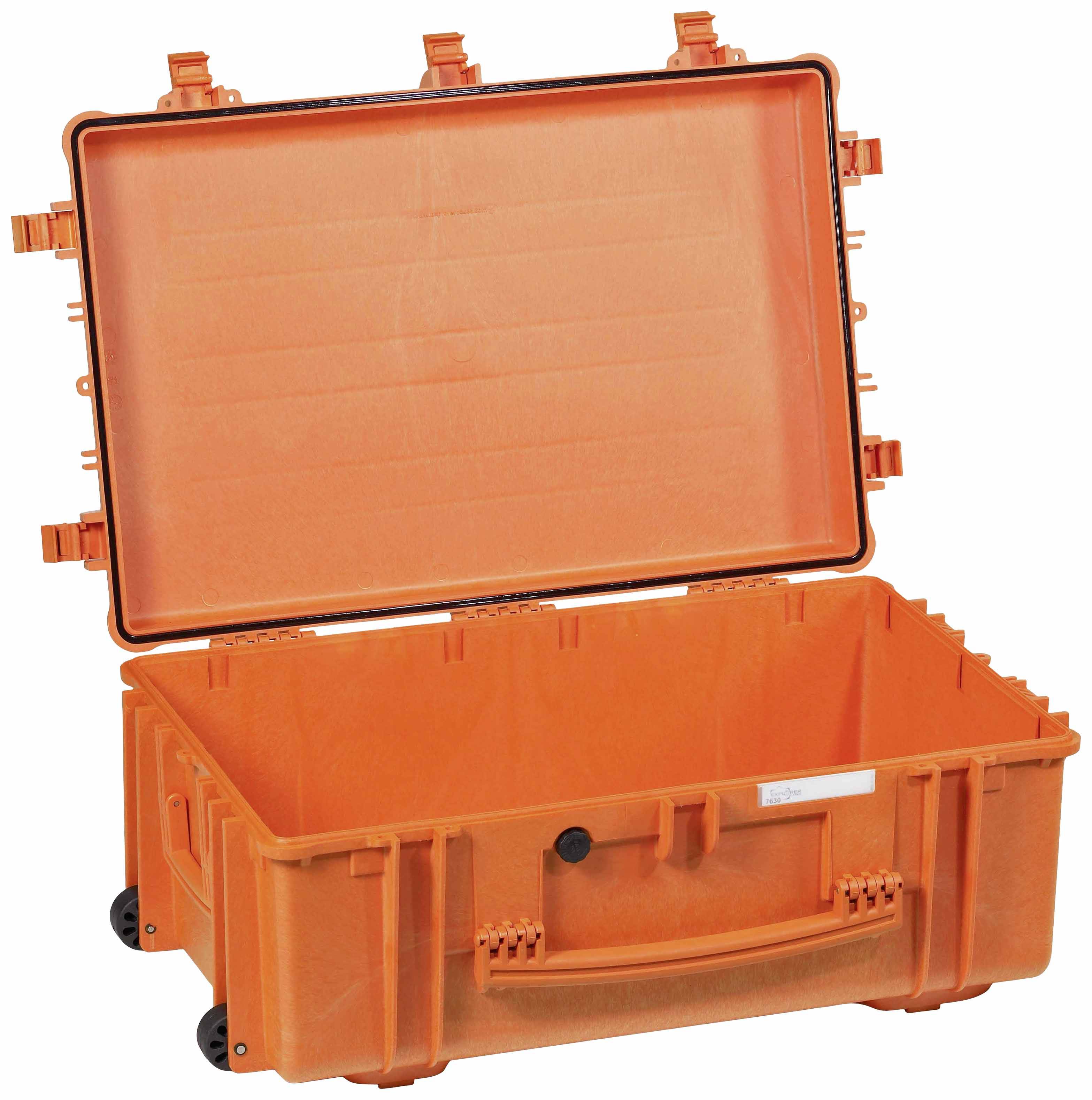 Orange, hard-shell suitcase with an open lid, handle, and wheels. Ideal for securely transporting delicate equipment or devices.