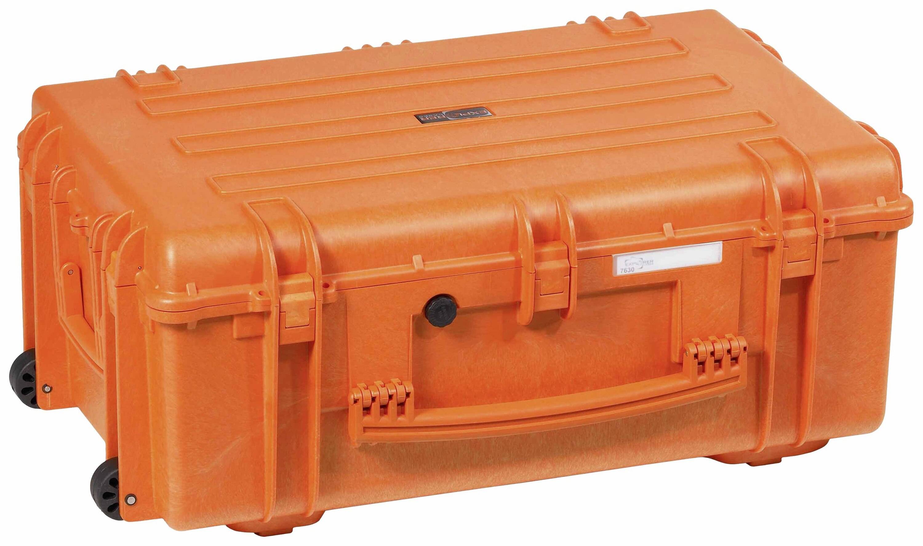 A robust, orange protective case with handles and wheels, suitable for the safe transportation of delicate equipment.