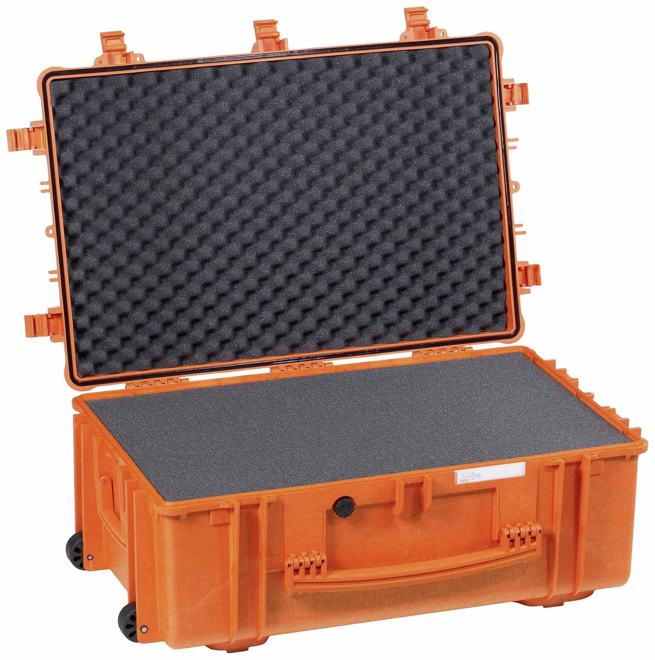 A large, robust orange suitcase with an open lid and foam padding to protect delicate items.