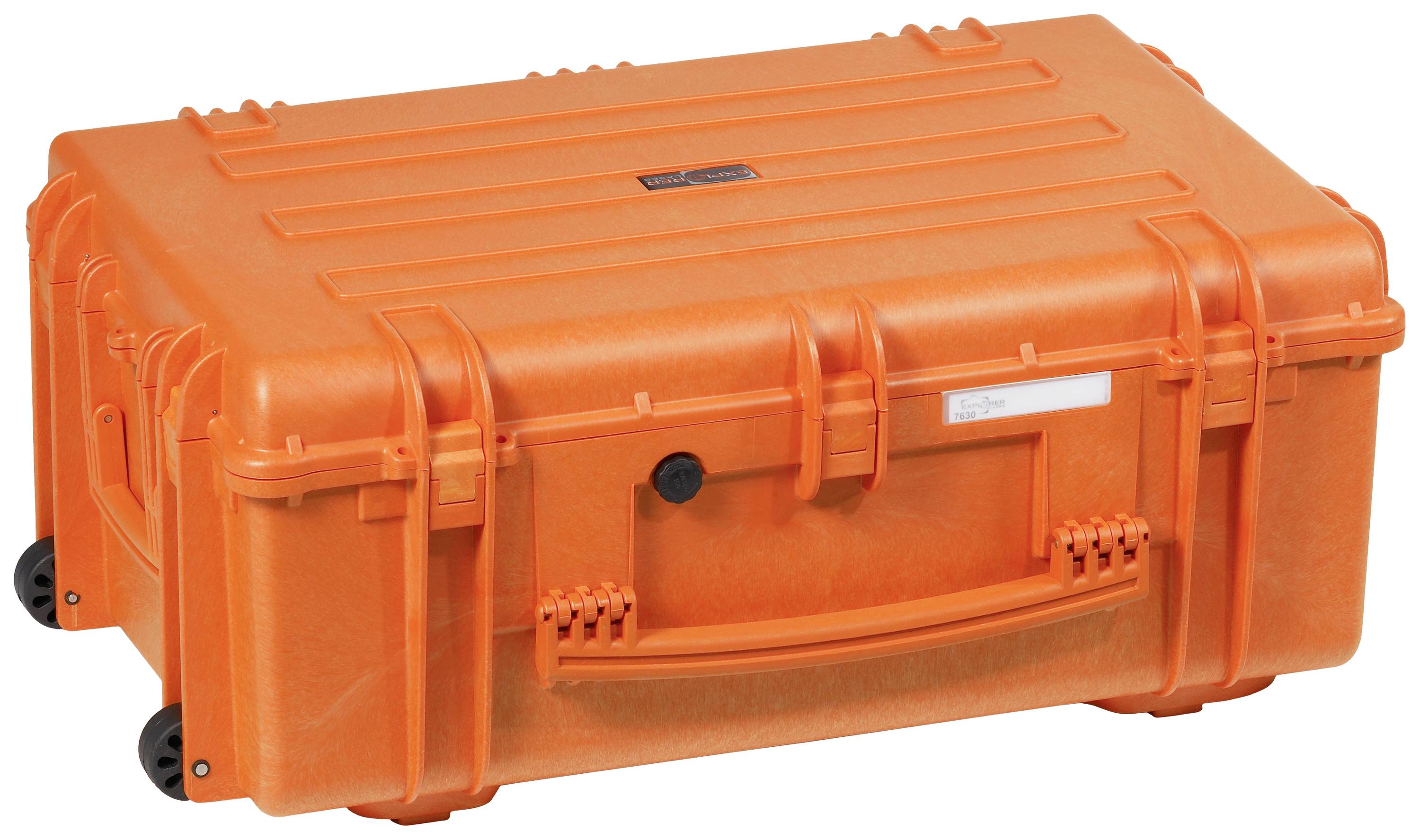 Large, robust, orange hard-shell suitcase with handle and wheels, suitable for the safe transportation of delicate equipment.