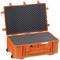 Open orange protective case with foam padding for secure transportation of delicate equipment.