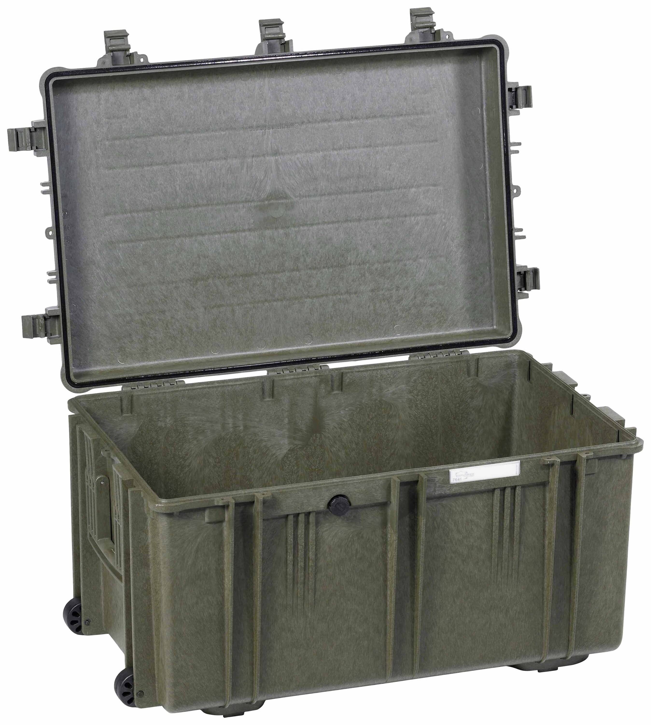 A large, robust, olive green transport case with its lid open. The case has wheels and side carrying handles.