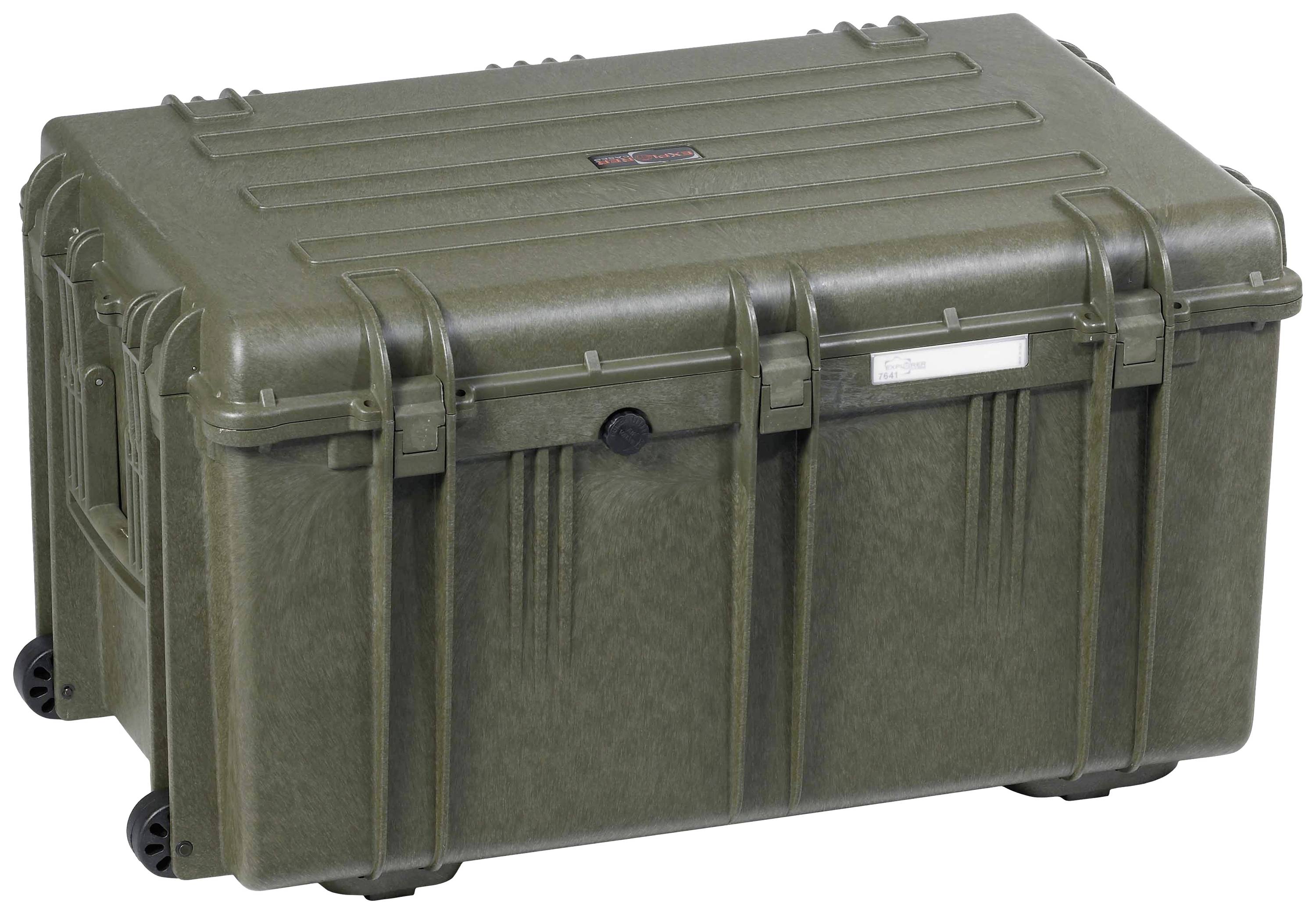 Green, robust transport case with wheels and handles for heavy equipment. Perfect for secure transportation and storage.