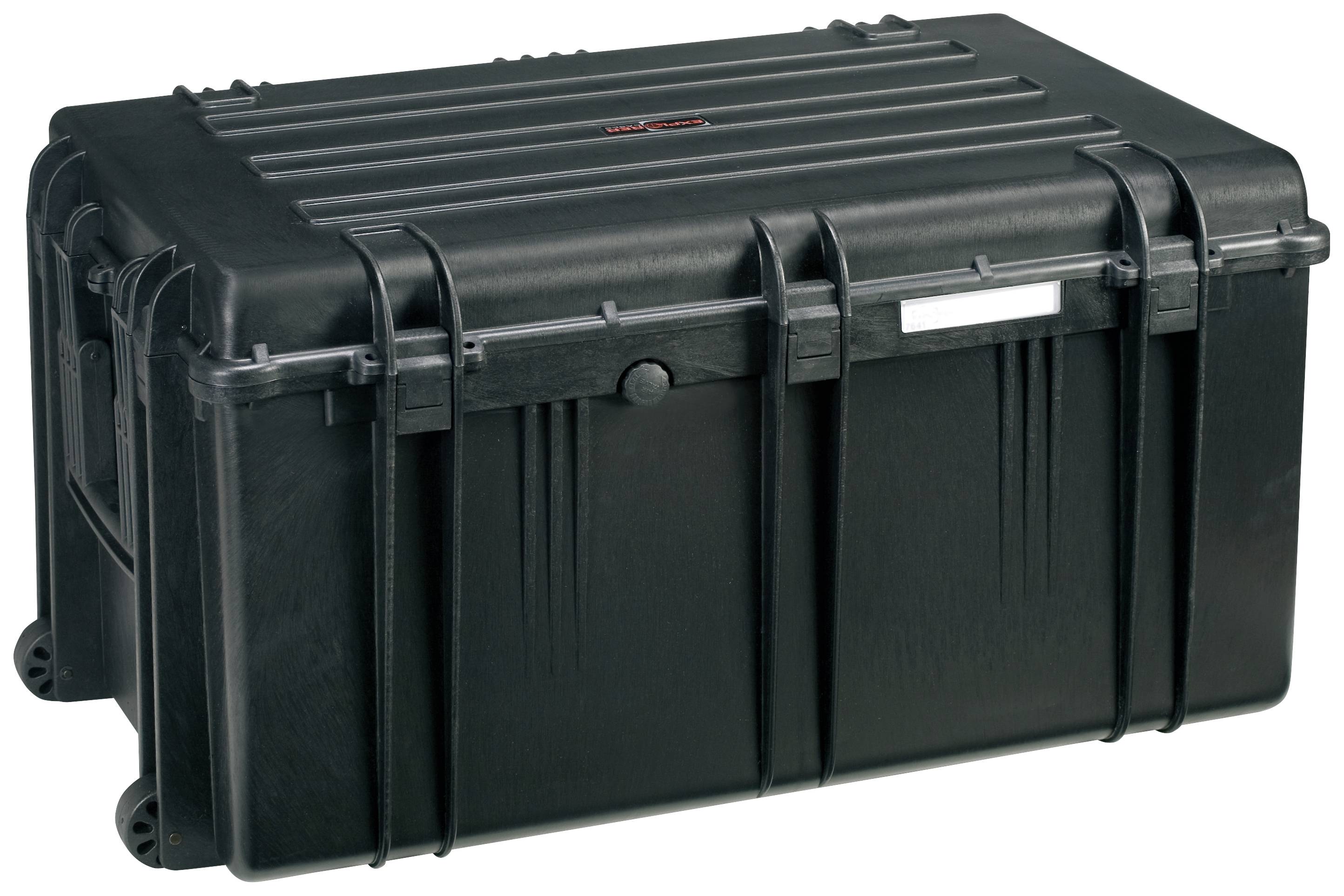 Black, robust plastic transport case with reinforced corners and handles, suitable for secure transportation of equipment.