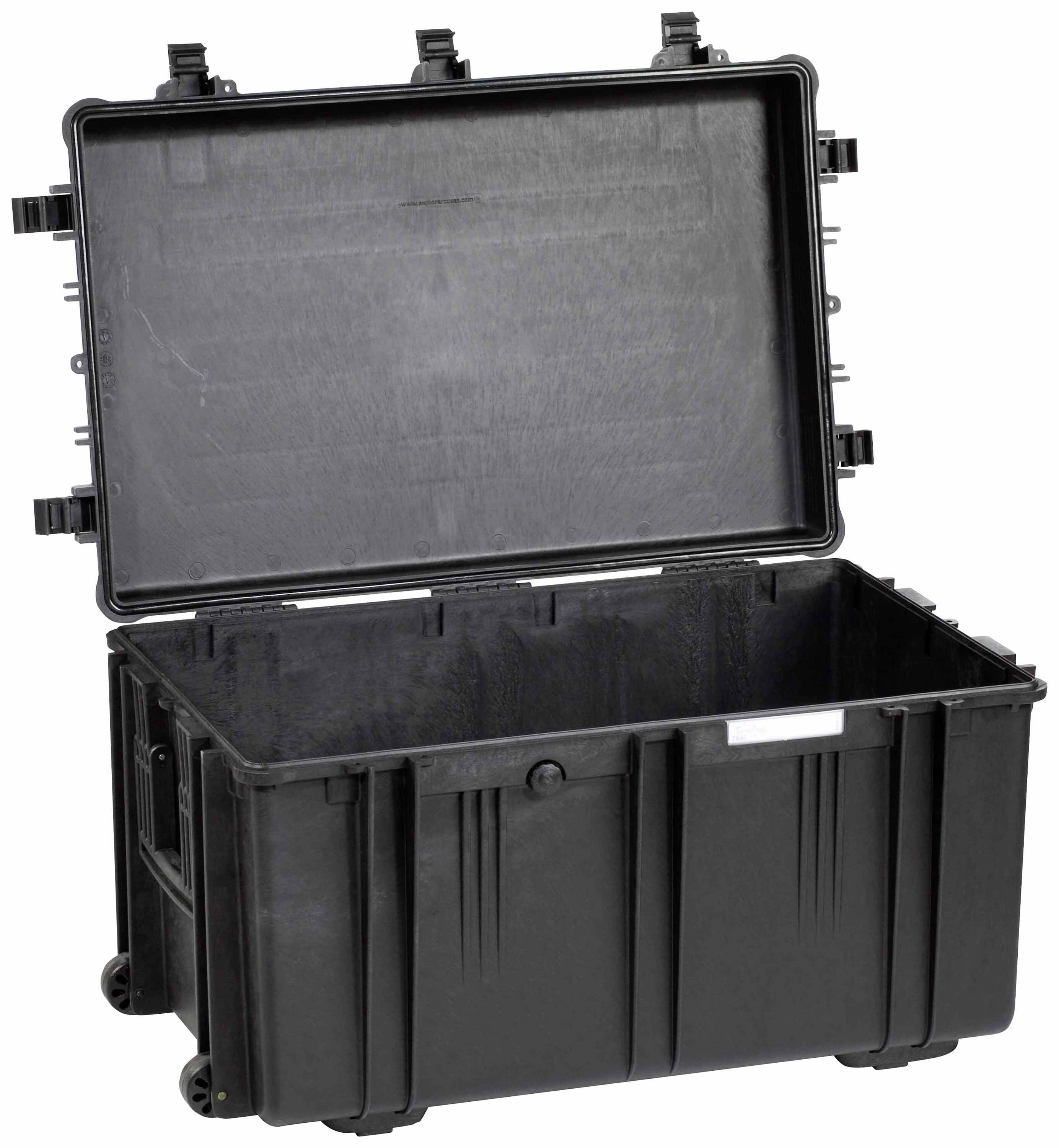 Black, robust plastic transport case, opened. Suitable for the safe transportation of delicate equipment or devices.