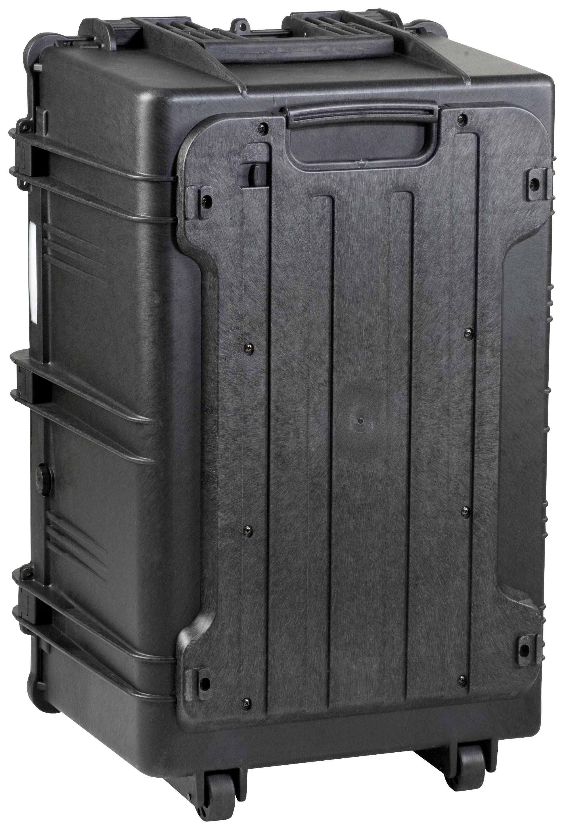 Black, robust rolling suitcase standing upright, with wheels and handle for easy transport. Suitable for secure device protection.