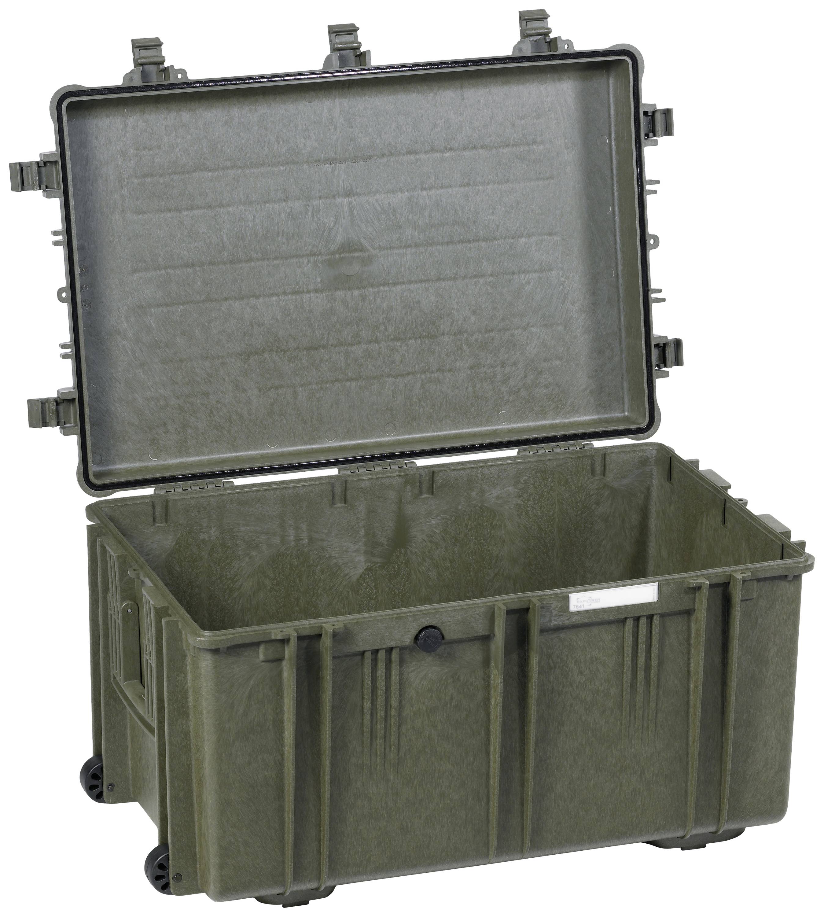 An opened, large, rectangular, olive green transport case with grooves and fastenings, suitable for equipment or tools.