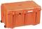 A large, orange, robust transport case with wheels and locks, suitable for the secure transportation of delicate items.