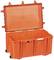A large, open, orange plastic suitcase with wheels and latches, suitable for transporting and protecting delicate items.