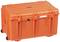 Orange protective case with robust locks and wheels, suitable for the safe transportation of sensitive equipment.