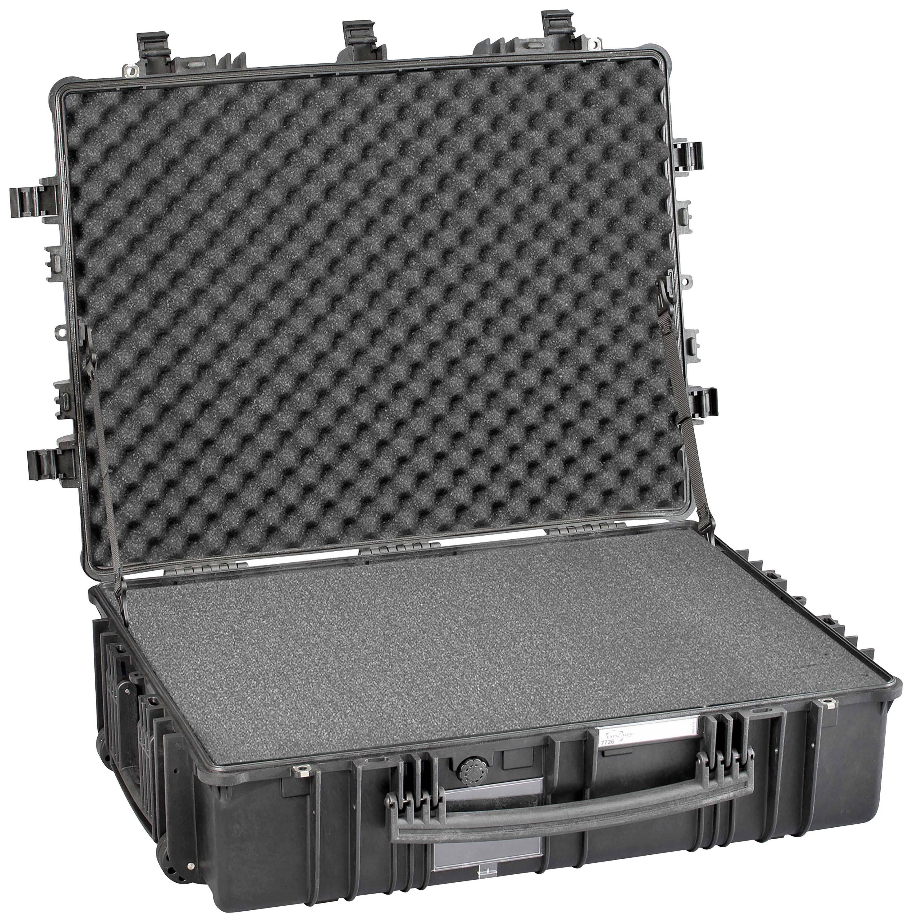 Black hard-shell case with foam lining, opened up. Ideal for protecting delicate equipment or tools.