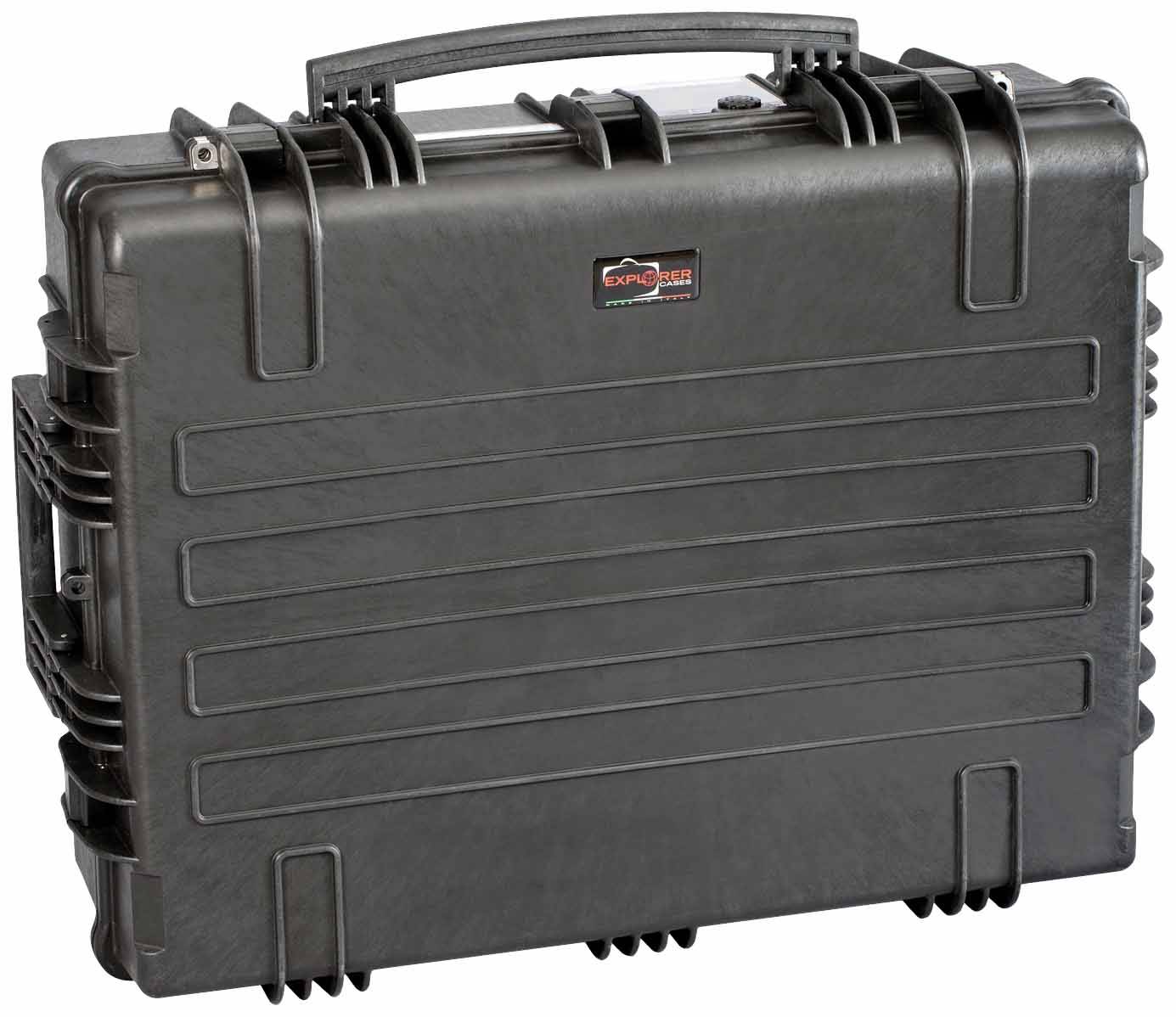 Black, robust hard-shell suitcase with handle and reinforced corners, suitable for protecting and transporting delicate items.