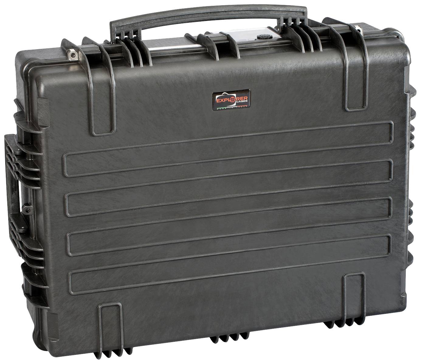A large, robust, black suitcase with a carry handle. Ideal for protecting delicate equipment during transportation.