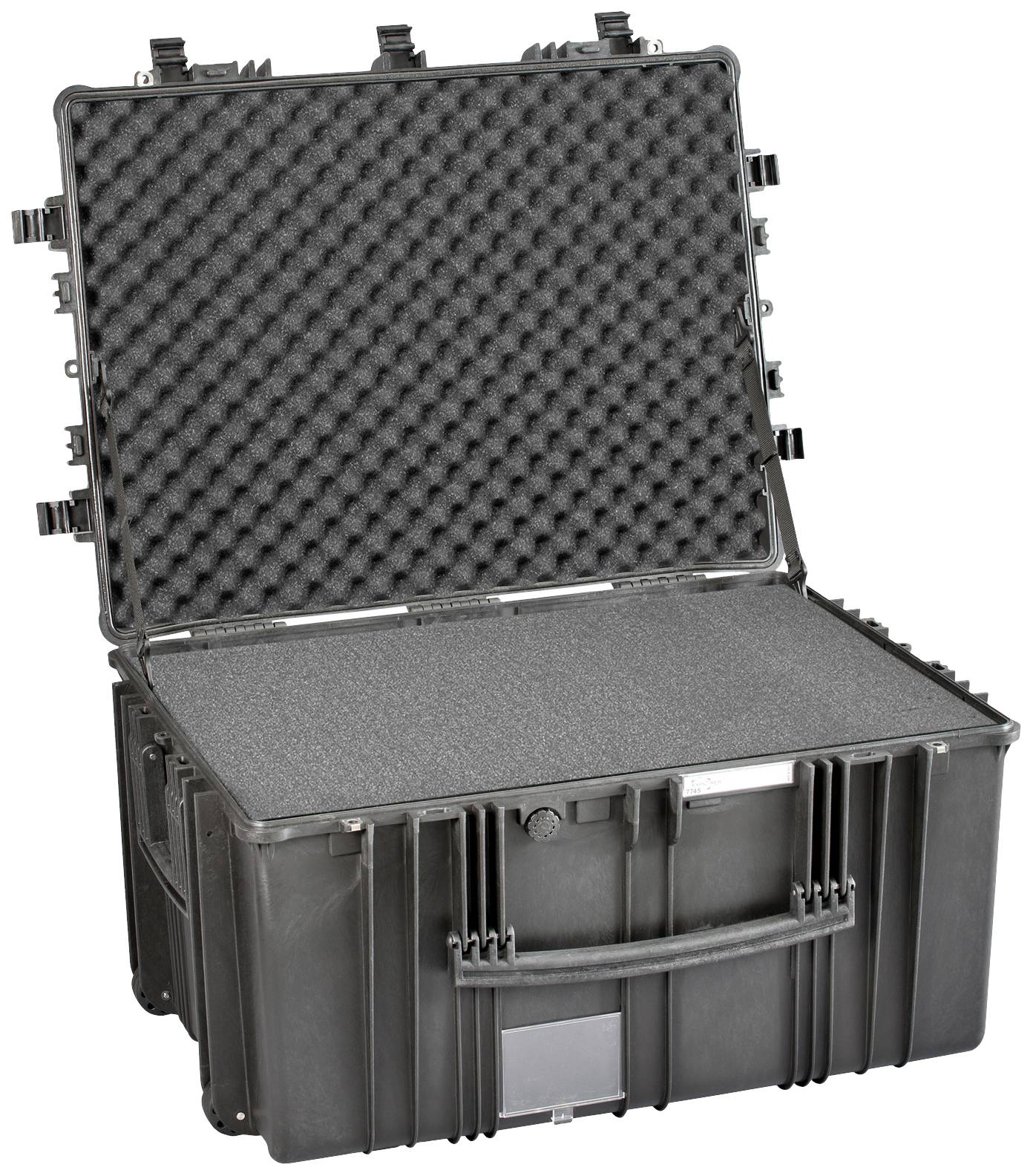 An open, black hard-shell case with foam lining for secure storage of items.
