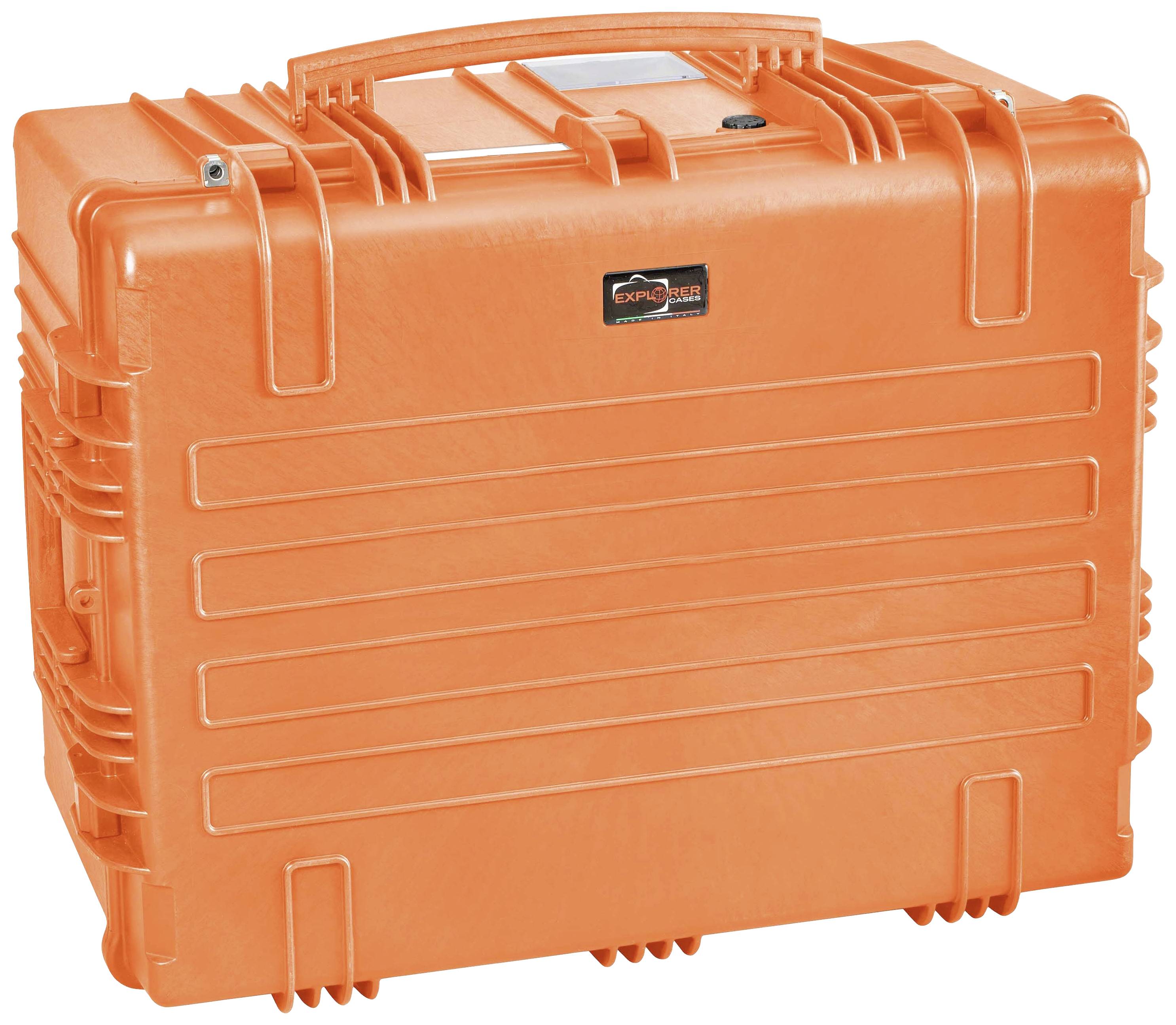 A robust, orange plastic case with a handle. Ideal for the secure transportation of delicate equipment or tools.