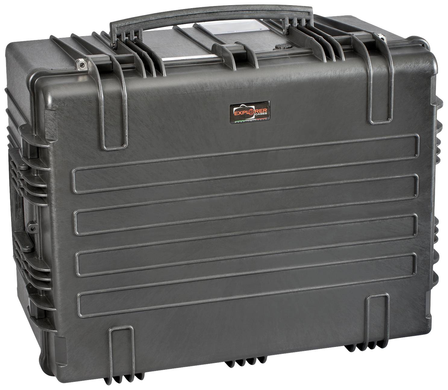 Black, robust hard-shell suitcase with handle and grooves for additional protection and stability. Ideal for transport and storage.
