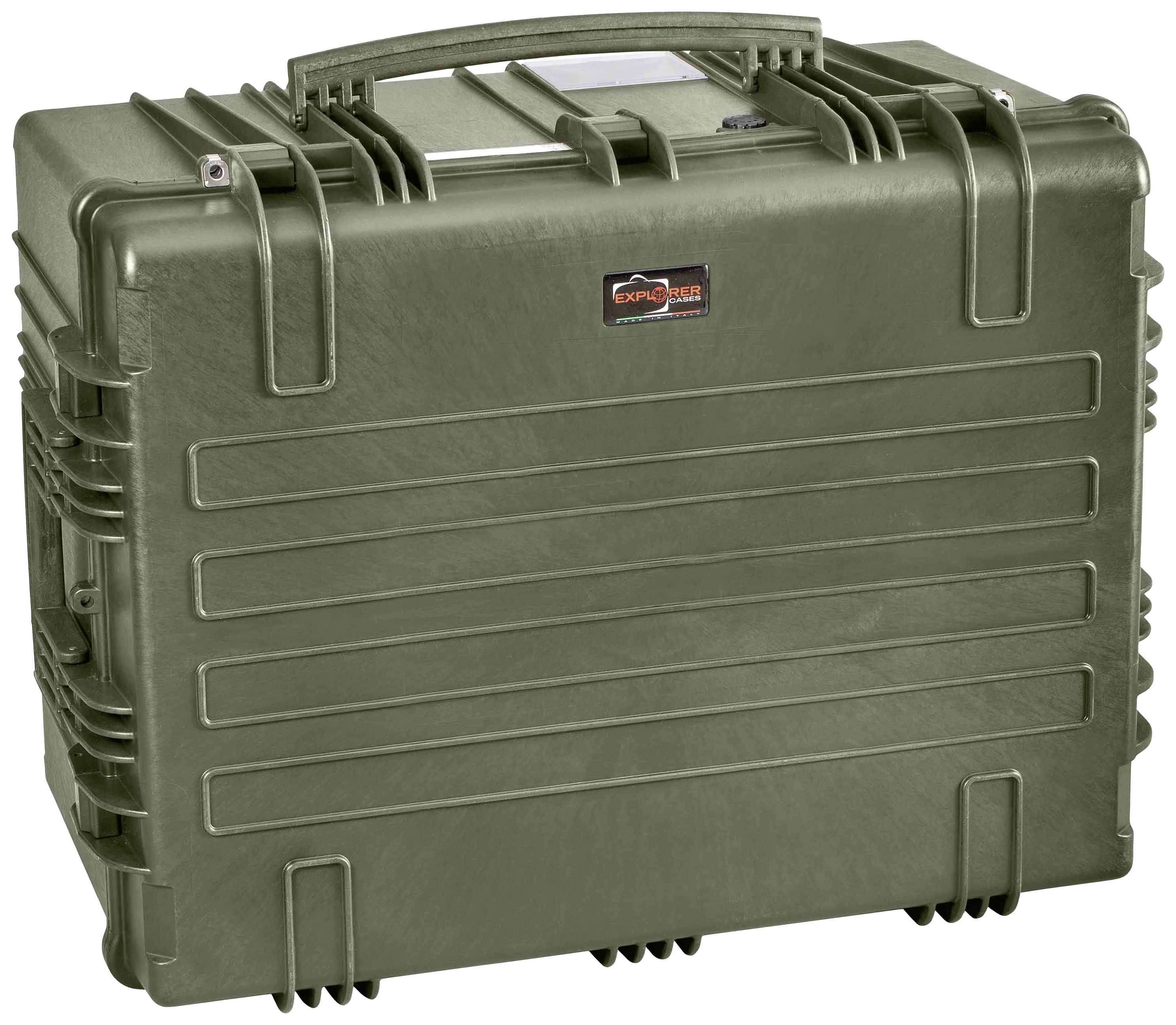 A rectangular, robust green suitcase with a handle, reinforced corners and a logo on the front.
